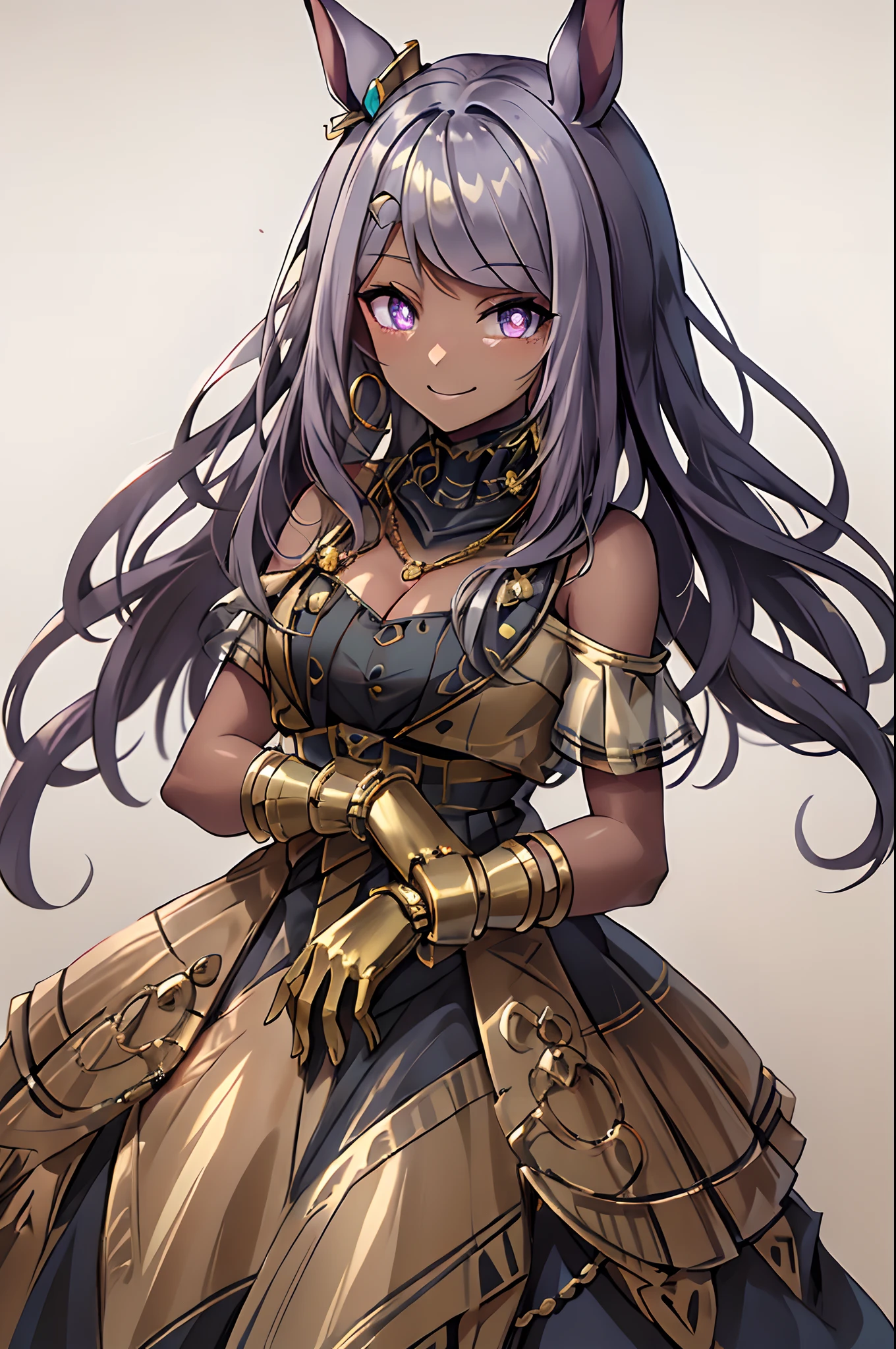 (masterpiece, best quality:1.2), Egypt, 1girl, Mejiro McQueen, Mejiro McQueen\(evening dress\), bare shoulders, bright pupils, hair_ornament, horse ears, horse girl, long hair, mejiro_mcqueen_\(umamusume\), official_alternate_costume, purple eyes, silver hair, necklace, jewelry, headdress, golden accessories, (golden), cleavage, shiny glossy skin, smile, BlackGirl, very dark skin, dark-skinned female, gradient background,
