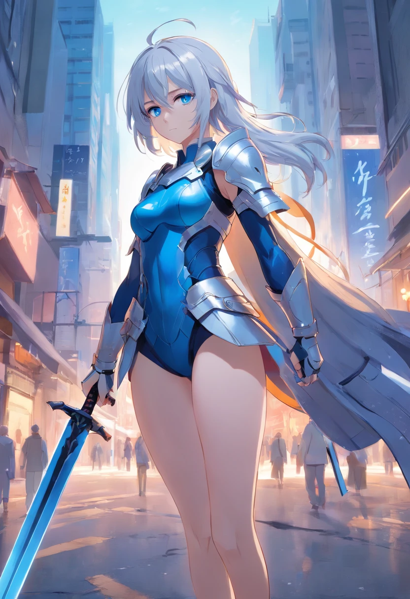 Character Entry Sheet、White-haired girl in armor、Blue colored eyes and blue eyes、He holds a long sword with sleepy eyes and an emotionless expression、Full body like、tights、high-heels、Standing facing the front