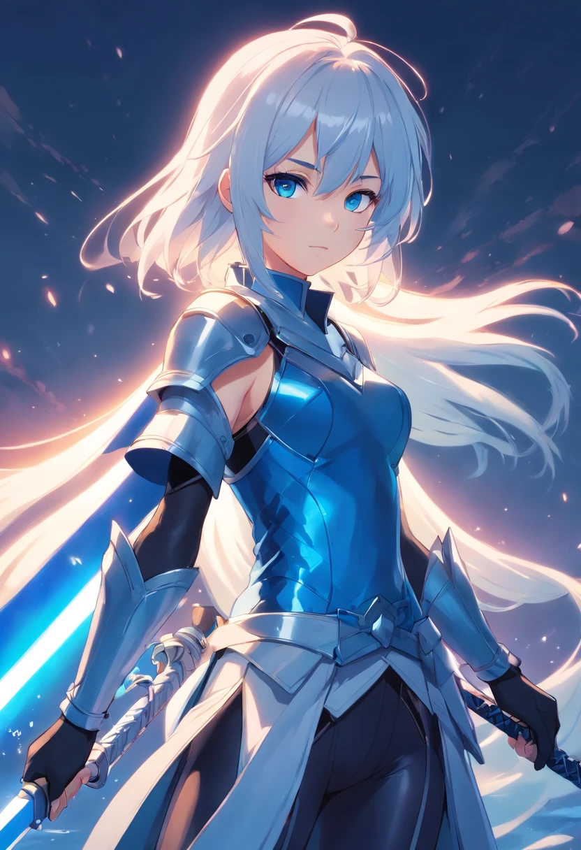 Character Entry Sheet、White-haired girl in armor、Blue colored eyes and blue eyes、He holds a long sword with sleepy eyes and an emotionless expression、Full body like、tights、high-heels、Standing facing the front