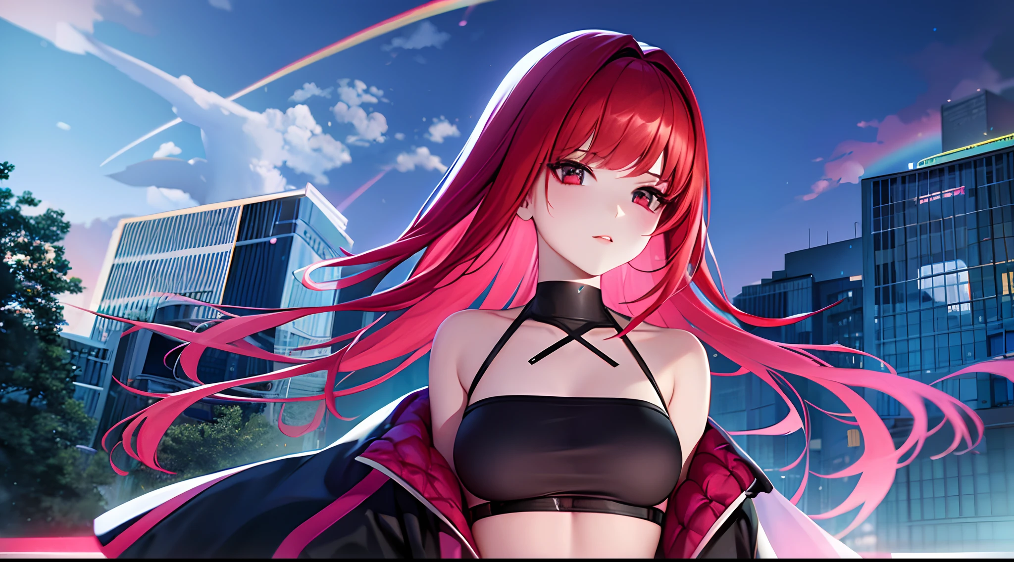 a red-haired woman in front of a building, night core, Bralette, Pokimane, inspirado em Yanjun Cheng, anime, quase mostrando os peito, menina em uma loja de discos, Yanjun Chengt, 19-year-old girl, Heonhwa Choe, Inspirado em Jeonseok Lee, futurista, cores RGB.
