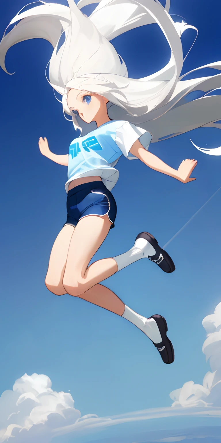 (masterpiece, best quality),1girl, white hair, long hair, blue eyes, t-shirt, tight shorts, black long socks, flat shoes, sky, jump high, flying high, looking at viewers