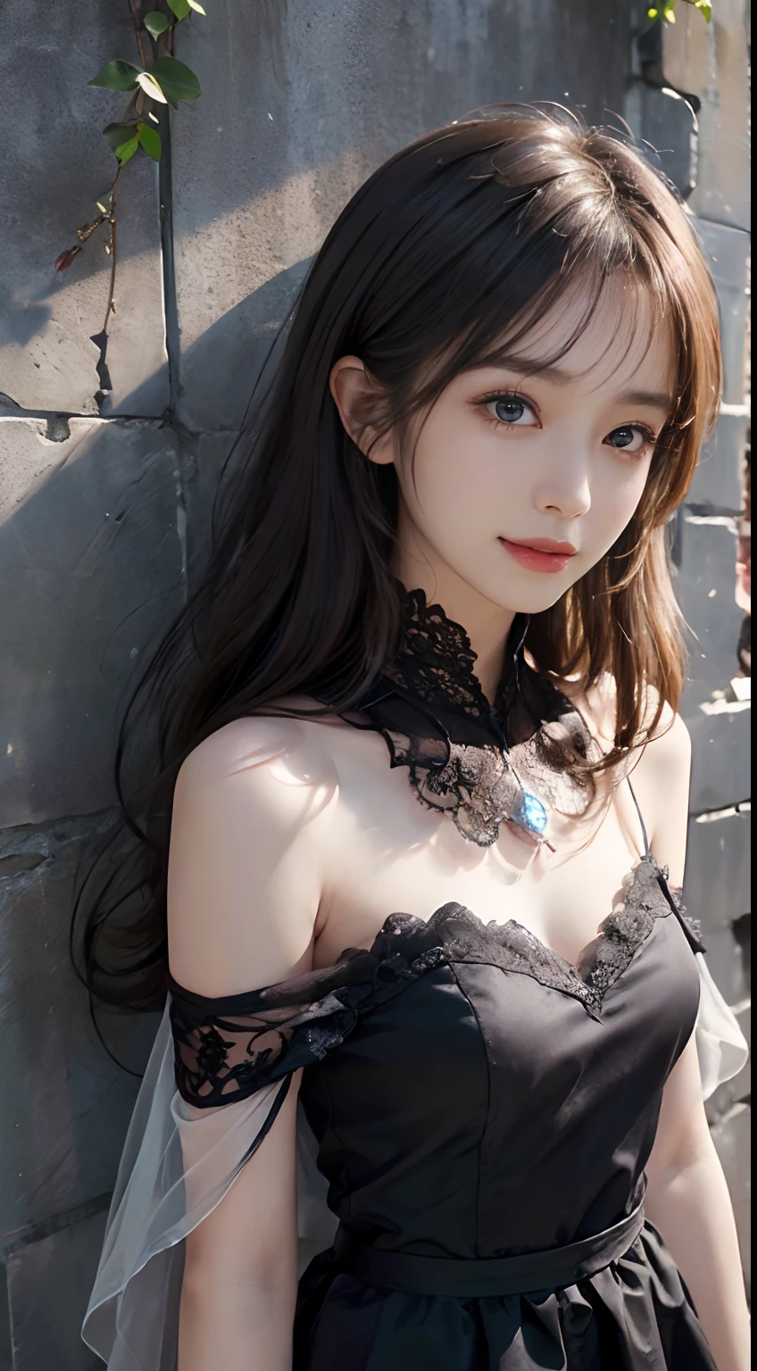 (ultra-realistic realism)、(illustratio)、(A high resolution)、(8K)、(The is very detailed)、(Best Illustration)、(Beautifully detailed eyes)、(top-quality)、(ultra - detailed)、(tmasterpiece)、(the wallpaper）、（A detailed face）、独奏、1 girl in、looking at viewert、finedetail、A detailed face、in the darkness nigth、deep shading、low tune、pureerosfaceace_V1、A smile、Long、Black shawl straight hair、46-point diagonal bangs,　（silk dress、long  skirt）(cropped shoulders）The view of the castle、、Stand against the wall