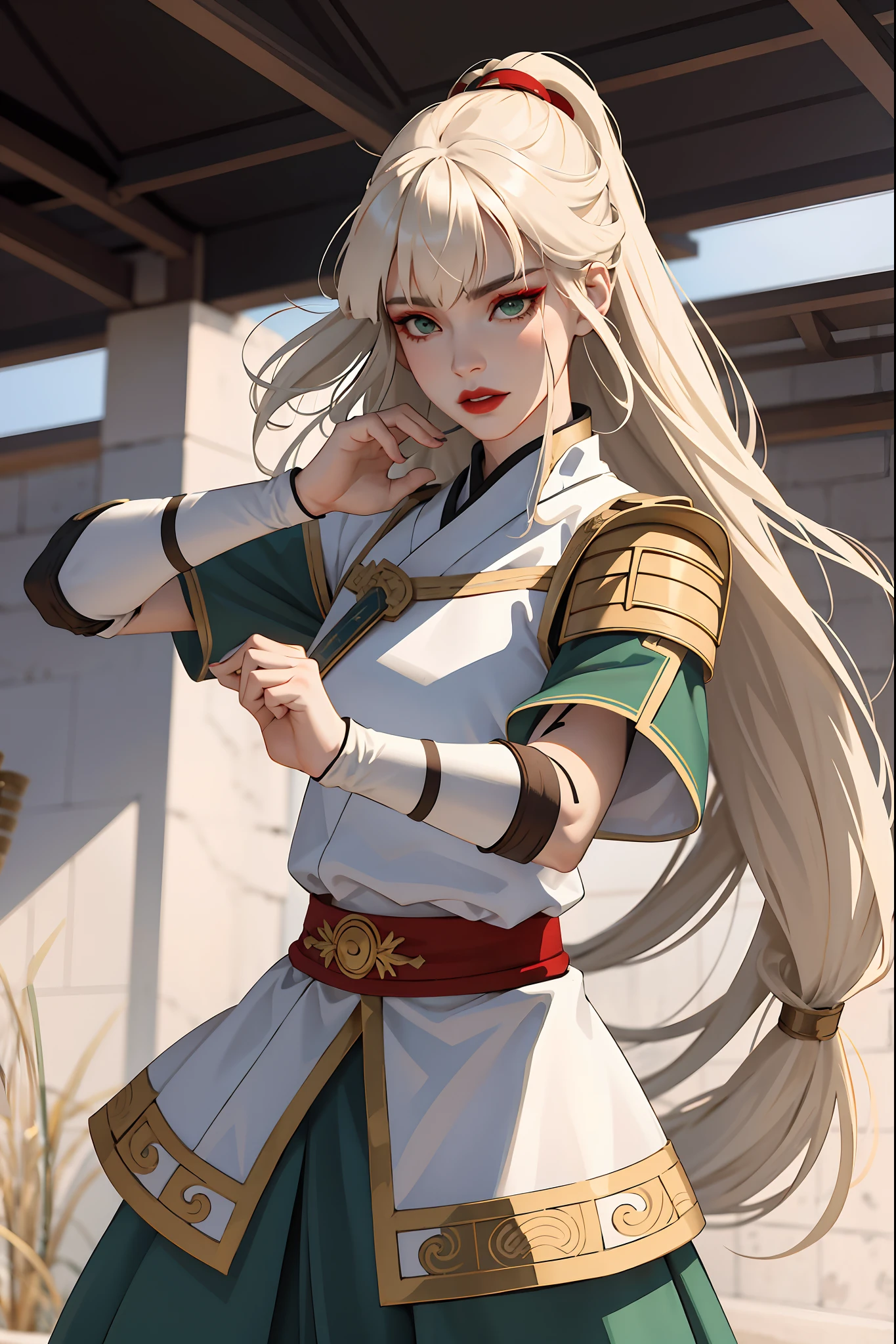(masterpiece:1.2, best quality), (real picture, intricate details), 1lady, solo, upper body, fighting, fight pose, long hair, heavy makeup, white face, red lipstick, red eyeshadow, natural fabrics, close-up face, serious, warrior, female warrior, armour, really long light platinum blonde hair, platinum blonde voluminous hair, cute bangs, hair bangs, bangs between eyes, soft bangs on forehead, green eyes, mature face, 1female, 1woman, 1beautiful girl, Kyoshi uniform, Kyoshi makeup, Kyoshi Warrior (Avatar the Last Airbender), (fighting), (fight pose)