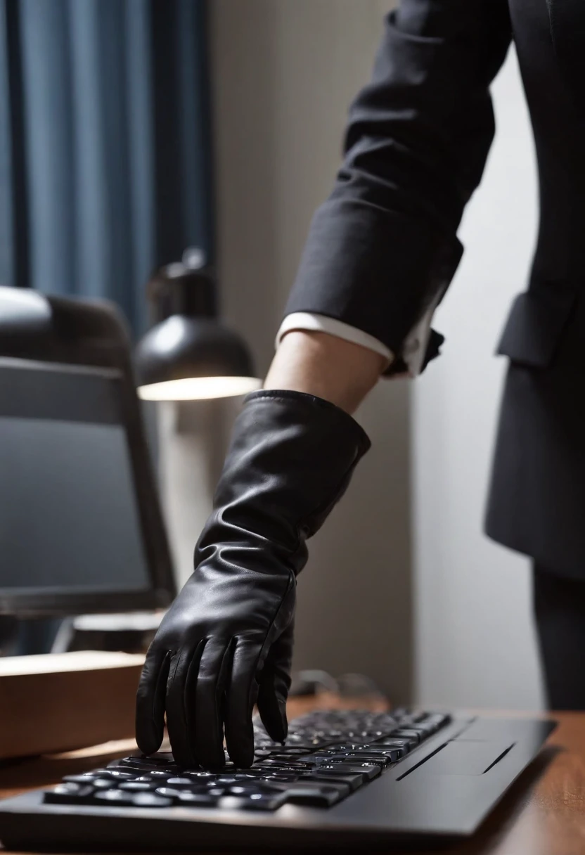 Wearing black leather gloves on both hands, Upper body, Black business suit, Facing the desk in my room with a computer in the dark, Tapping the keys on the computer keyboard with the fingertips of black leather gloves while looking at the screen, Black hair was tied back for a long time, Japan female new employees (Black leather gloves cover both hands) (The angle is in front)