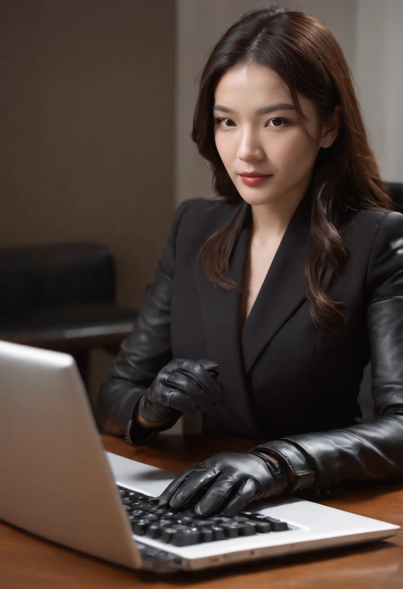 Wearing black leather gloves on both hands, Upper body, Black business suit, Facing the desk in my room with a computer in the dark, Tapping the keys on the computer keyboard with the fingertips of black leather gloves while looking at the screen, Black hair was tied back for a long time, Japan female new employees (Black leather gloves cover both hands) (The angle is in front)