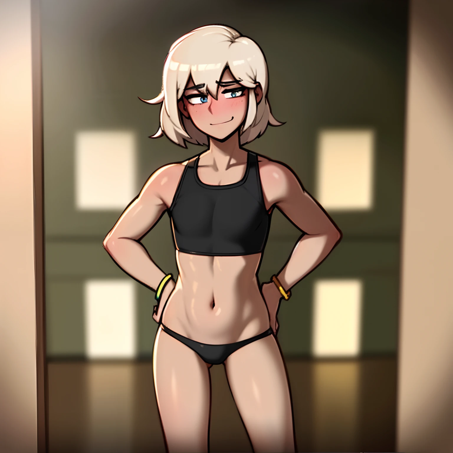 Superb Quality, Masterpiece, High Resolution, 1boy Blush, (Seductive Smile: 0.8), feminine male, brown, lazy tired locker room, bracelets, Beauty, on_body, Tyndall Effect, Realistic, Shadow Room, Light Edge, Two-tone Lighting, (High Detail Skin: 1.2), 8K UHD, SLR, Soft Light, High Quality, Volume Lighting, Candid Photo, High Resolution, 4K, 8K, Background Blur, full body, skimpy gym outfit, staring at viewer, hands on hips, close up, top down