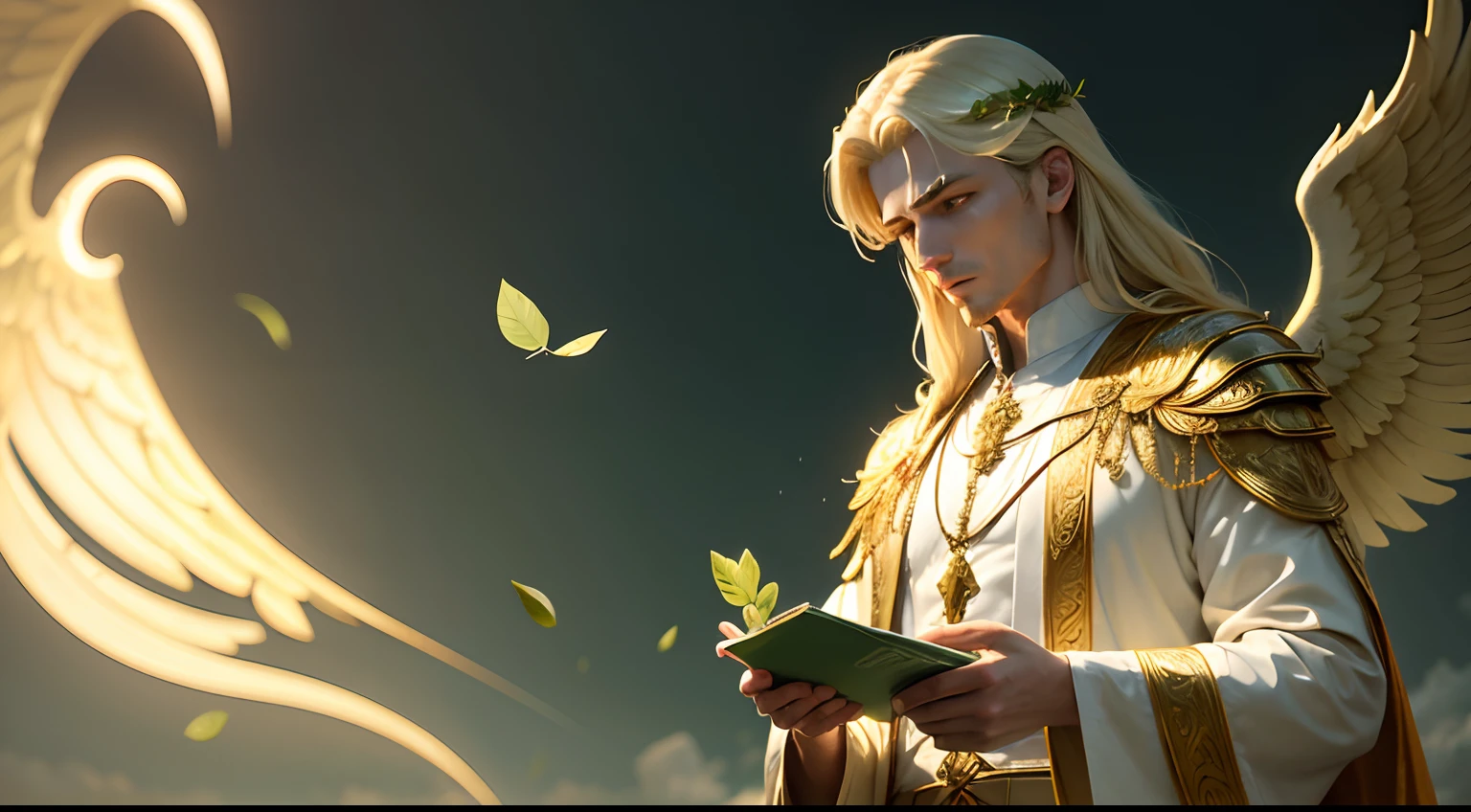 a beautiful male angel, with big wings, religious, behaved, perfect and realistic, green and red clothes, gold details, biblical robes, long blond hair, standing with a pot of gold in his hands, with big gold wings, a garden of 4-leaf clovers, money, symbol of the gold dollar siphon, Background of gold pieces, rain of gold, Green money falling from the sky, lottery, realistic, perfect, lottery draw, Lottery Grand Prize, The angel of abundance is also named as Abundia, Habone, Abundantia and Fulla, angel man abundia with a basket of gold, ABUNDIA THE ANGEL OF FORTUNE, angel of wealth, archangel