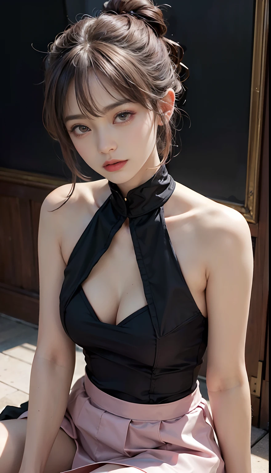 random pose, mix4, (8k, RAW photo, best quality, masterpiece: 1.45), (realistic, photorealistic: 1.37), one girl, cute, cityscape, night, rain, wet, professional lighting, photons mapping, radiosity, physically based rendering, gradient black hair, gray hair, short curly hair, handsome, girl, Deep V-neckline slip dress, top quality photo, high res, 1080p, (clear face), (detailed face description), (detailed hand description), (masterpiece), (exquisite CG), extreme light and shadow, disheveled hair, master work, rich details, (fine facial features), (highest quality photo), (masterpiece), (detailed eyes), look in front of you eyes, fine clavicle, ((big breasts, huge areola)),(((areola_slip))),((puffy areolae)),((sideboob)),(underboob),(((collar))),earrings,
