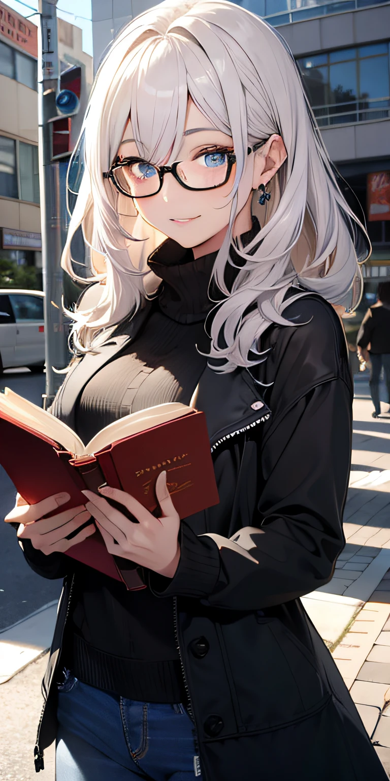 qualidade superior、sozinho、1girl em、belos olhos detalhados、pupilas brilhantes、(extremamente delicado e bonito)、(Beautiful and detailed eyes description)、ultra-detalhada、obra prima、))、a girl, white or pastel hair, standing reading a book, sorrindo
、eyeglass