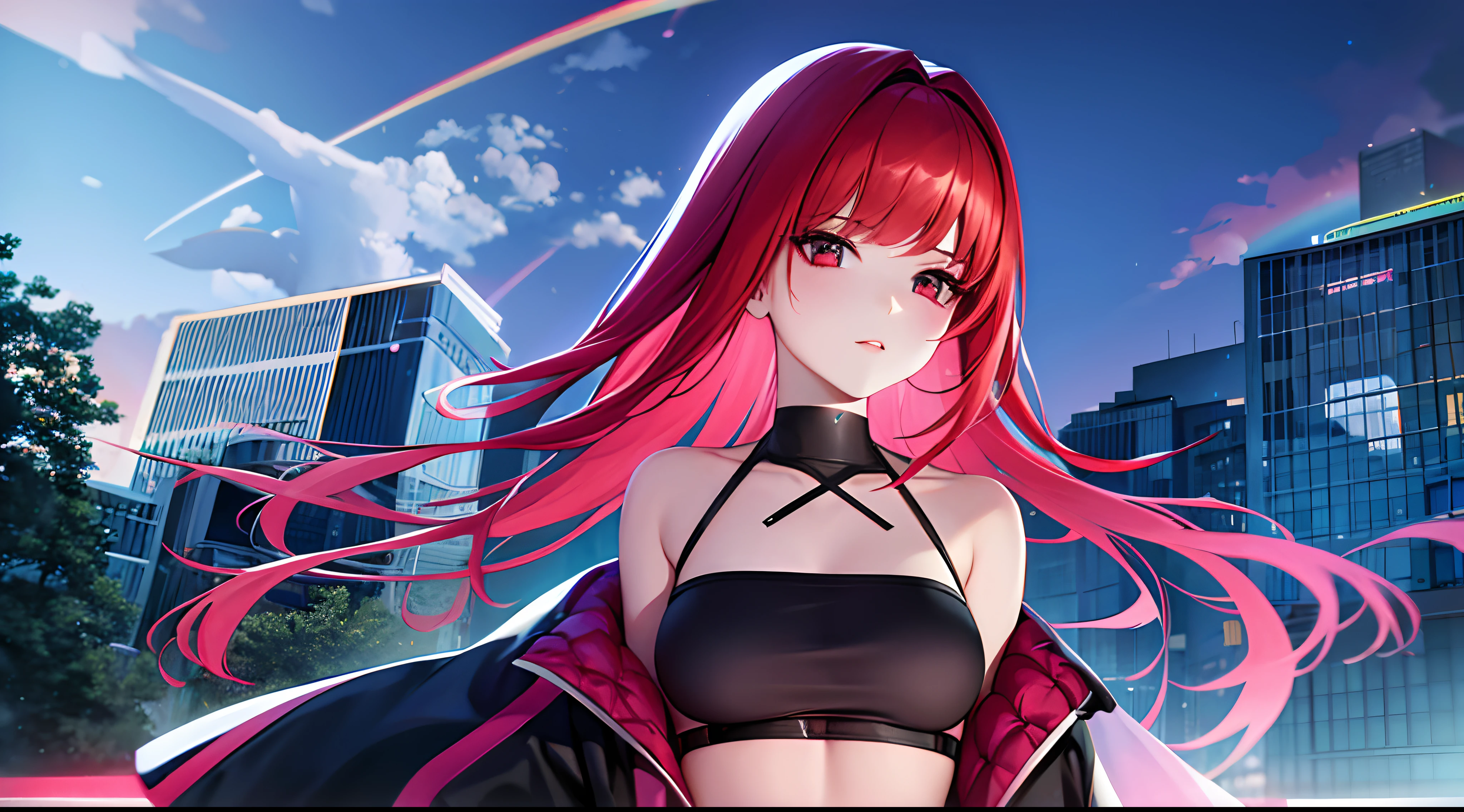 a red-haired woman in front of a building, night core, Bralette, Pokimane, inspirado em Yanjun Cheng, anime, quase mostrando os peito, em uma loja de discos, Yanjun Chengt, 19-year-old girl, Heonhwa Choe, Inspirado em Jeonseok Lee, futurista, cores RGB.