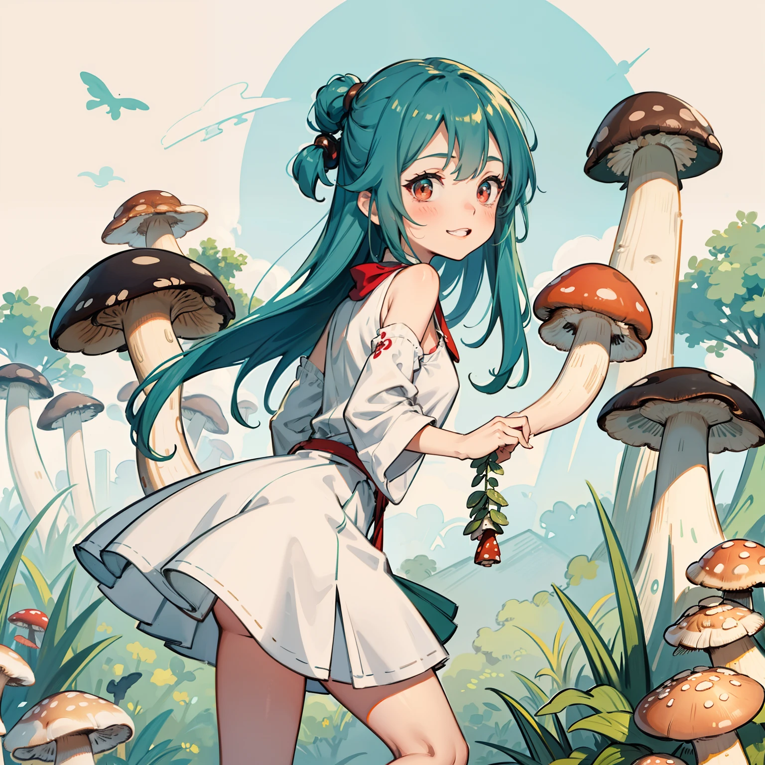 1girll, Long aqua green hair, Red eyes, dress, (Solo:1.3),Simple drawing, Mushrooms and girls, Cute, Big smile, Mushrooms + Mushrooms + Mushrooms + Mushrooms + Mushrooms,Red mushrooms，Cyan mushrooms，White mushrooms, Mushrooms grow on the body，From the side Side，Dancing，Watercolor illustration, Perfect anatomy, Masterpiece, Best quality, 1girll, Loli,,Nature, landscape