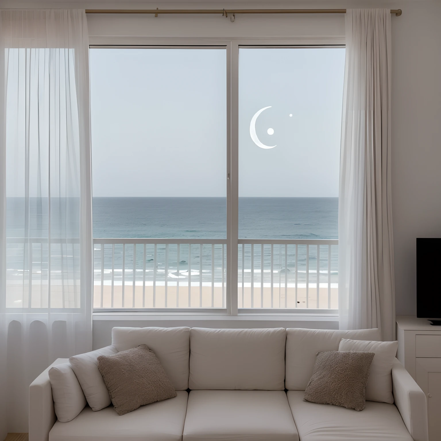 Um apartamento de frente para o mar, Panoramic view of the silver moon over the sea, part of the apartment as living room furniture and in the window gentle breeze on the white curtain and moon background to the Earth over the sea, romantic setting, mesa de jantar para dois, casal apaixonado