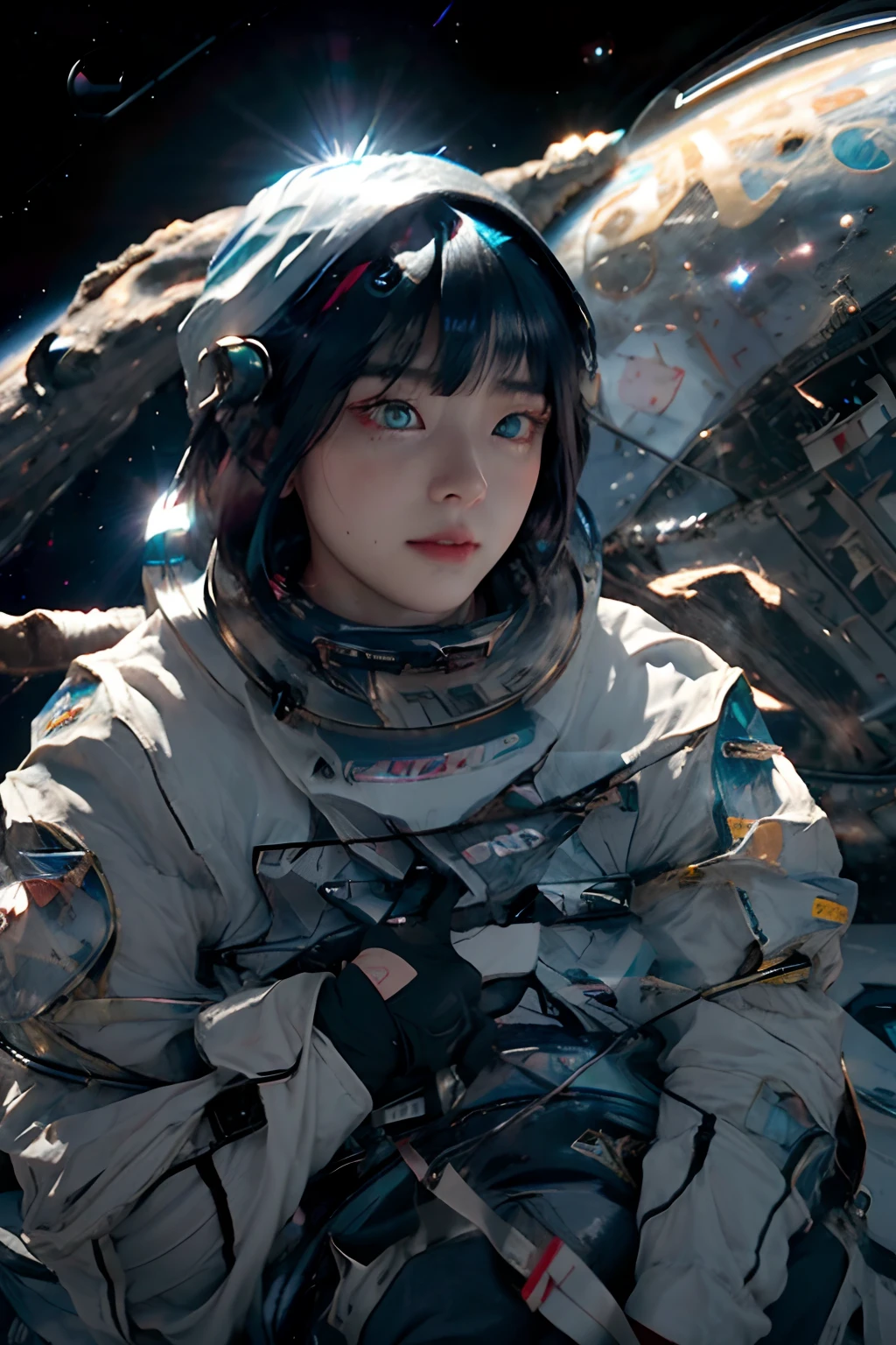 (Innovative spacesuit design)、Create ultra-detailed and futuristic images of beauty astronauts,(Ultra-futuristic design spacesuit) 、(((((A slender)))))、26 year old、Colossal tits、Earth Eye、((((((Photorealsitic)))))、high-level image quality、Raw photo、8K、((((Iridescent inner hair)))、((((((Work in space))))))、A futuristic space city is in the background、red blush、Shy、relieved face