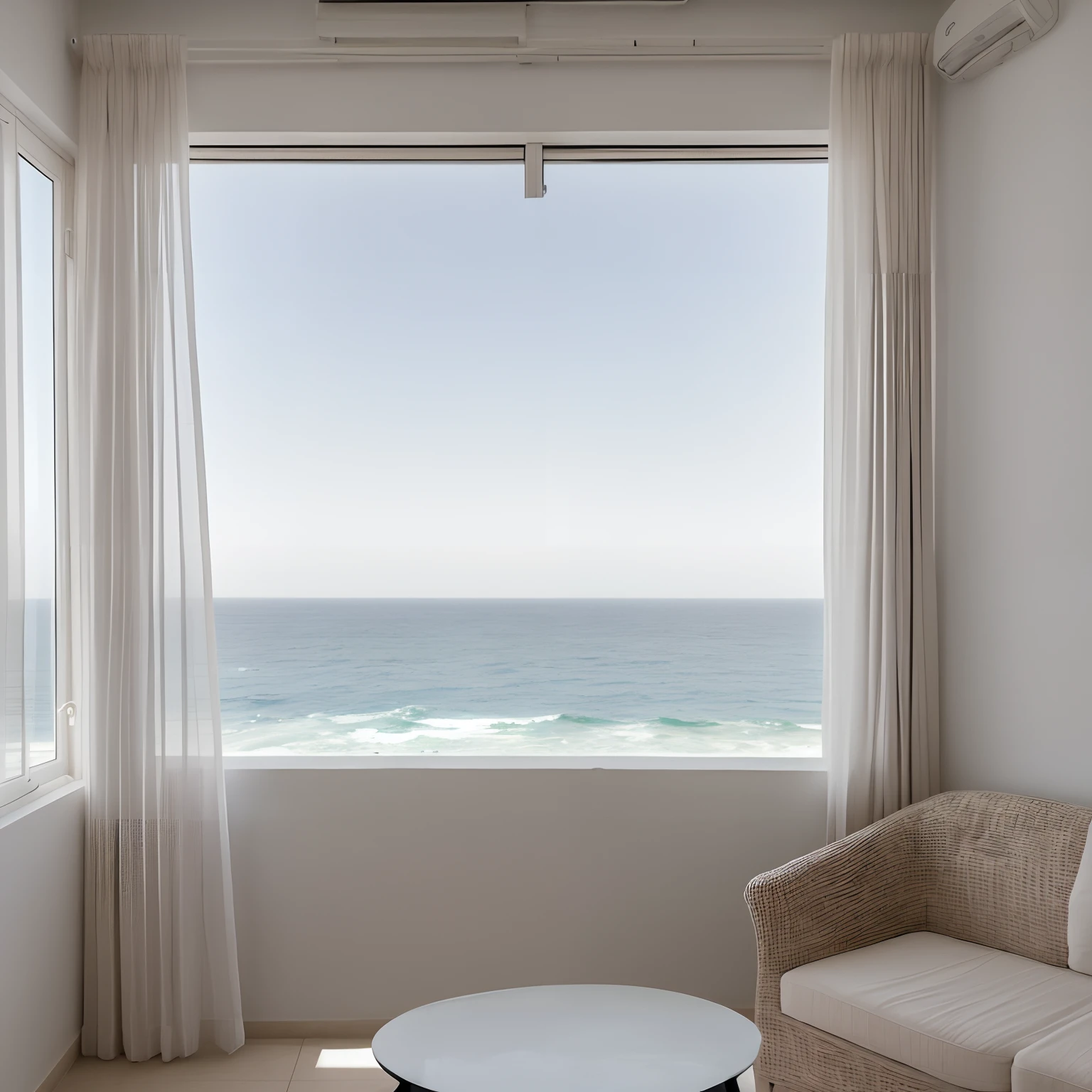 Um apartamento de frente para o mar, Panoramic view of the silver moon over the sea, part of the apartment as living room furniture and in the window gentle breeze on the white curtain and moon background to the Earth over the sea, romantic setting, mesa de jantar para dois, casal apaixonado