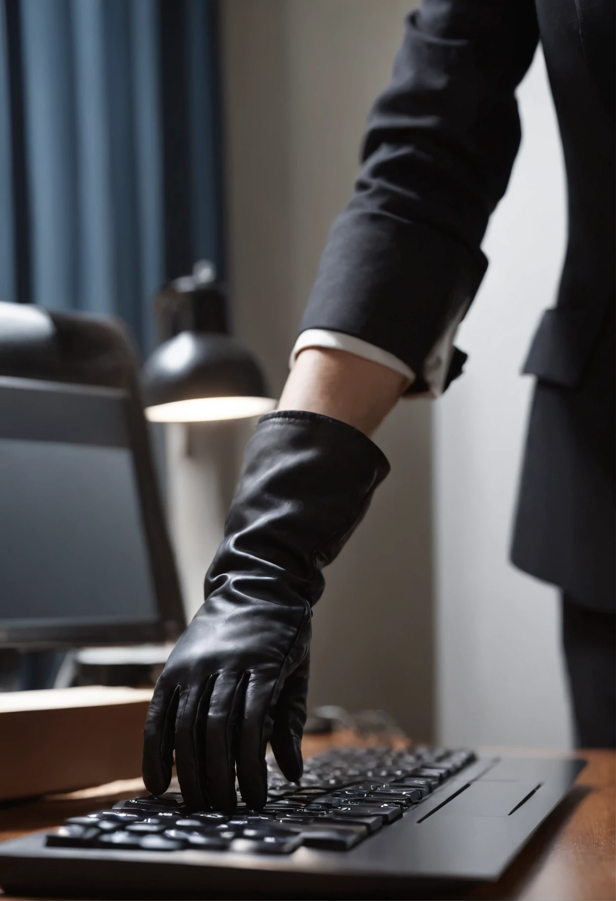 Wearing black leather gloves on both hands, Upper body, Black business suit, Facing the desk in my room with a computer in the dark, Tapping the keys on the computer keyboard with the fingertips of black leather gloves while looking at the screen, Black hair was tied back for a long time, Japan female new employees (Black leather gloves cover both hands) (The angle is in front)