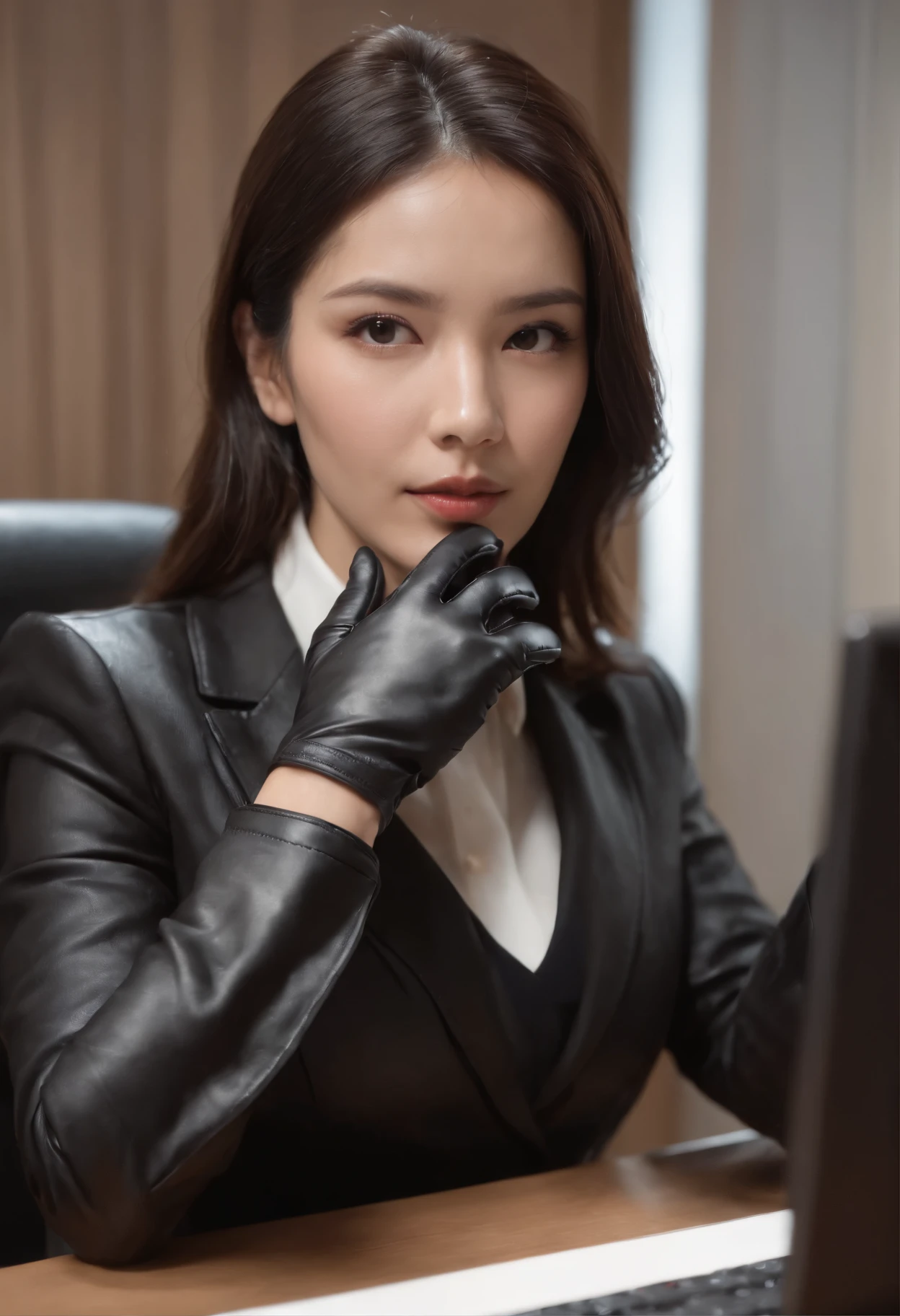 Wearing black leather gloves on both hands, Upper body, Black business suit, Facing the desk in my room with a computer in the dark, Tapping the keys on the computer keyboard with the fingertips of black leather gloves while looking at the screen, Black hair was tied back for a long time, Japan female new employees (Black leather gloves cover both hands) (The angle is in front)