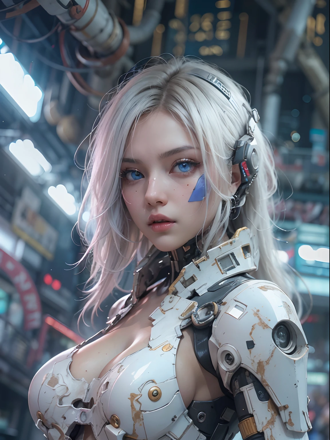 nsfw, 1girl, nude, full body, cyberpunk, mecha, mechanics, (masterpiece: 1.4), (8K, realistic, raw photo, best quality: 1.4), naked, nipple areola shape clear, beautiful breasts, Japanese girl, beautiful cute face, (real face: 1.4), perfect pussy, beautiful hairstyle, realistic blue eyes, beautiful detail eyes, (real skin: 1.3), beautiful skin, attractive, angry face, ultra high resolution, ultra realistic, cinematic lighting, white colored hair, long hair, ribbons, city ruins, futuristic world