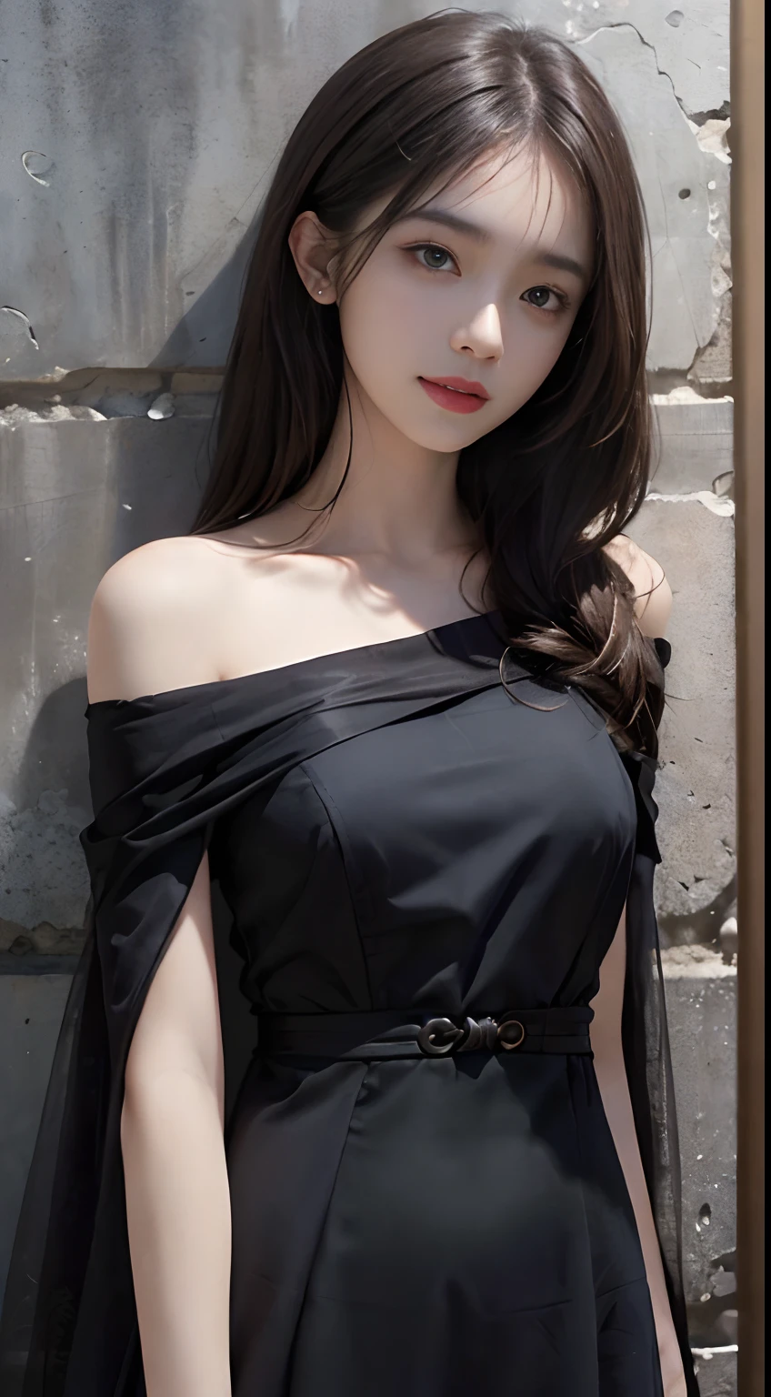 (ultra-realistic realism)、(illustratio)、(A high resolution)、(8K)、(The is very detailed)、(Best Illustration)、(Beautifully detailed eyes)、(top-quality)、(ultra - detailed)、(tmasterpiece)、(the wallpaper)、(A detailed face)、独奏、1 girl in、looking at viewert、finedetail、A detailed face、in the darkness nigth、deep shading、low tune、pureerosfaceace_V1、A smile、Long、Black shawl straight hair、46-point diagonal bangs, (Silk dress、long skirt)(cropped shoulders)The view of the castle、、Stand against the wall