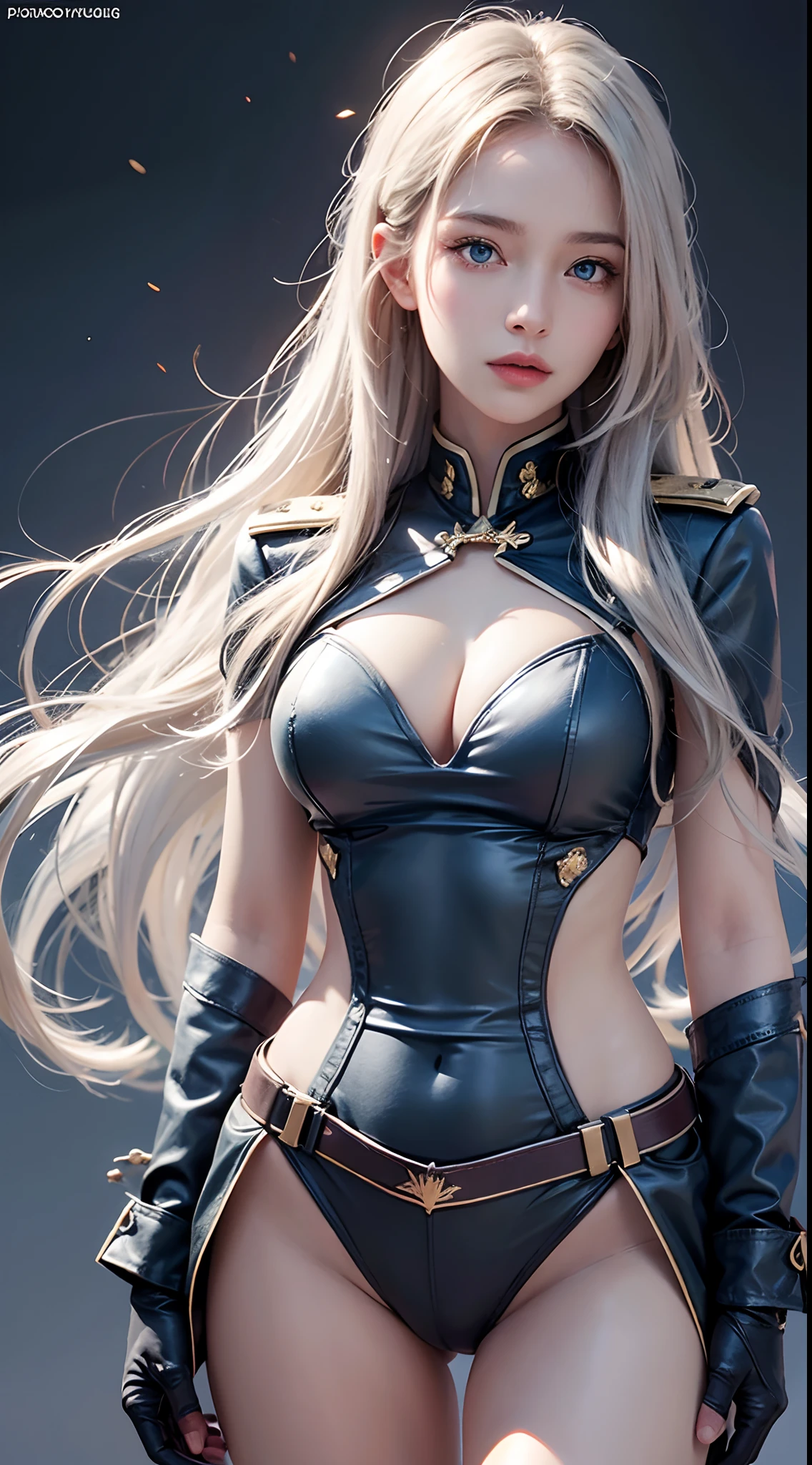 photorealistic, high resolution, soft lights, 1women, solo, hips up, blue eyes, white long hair, military uniform