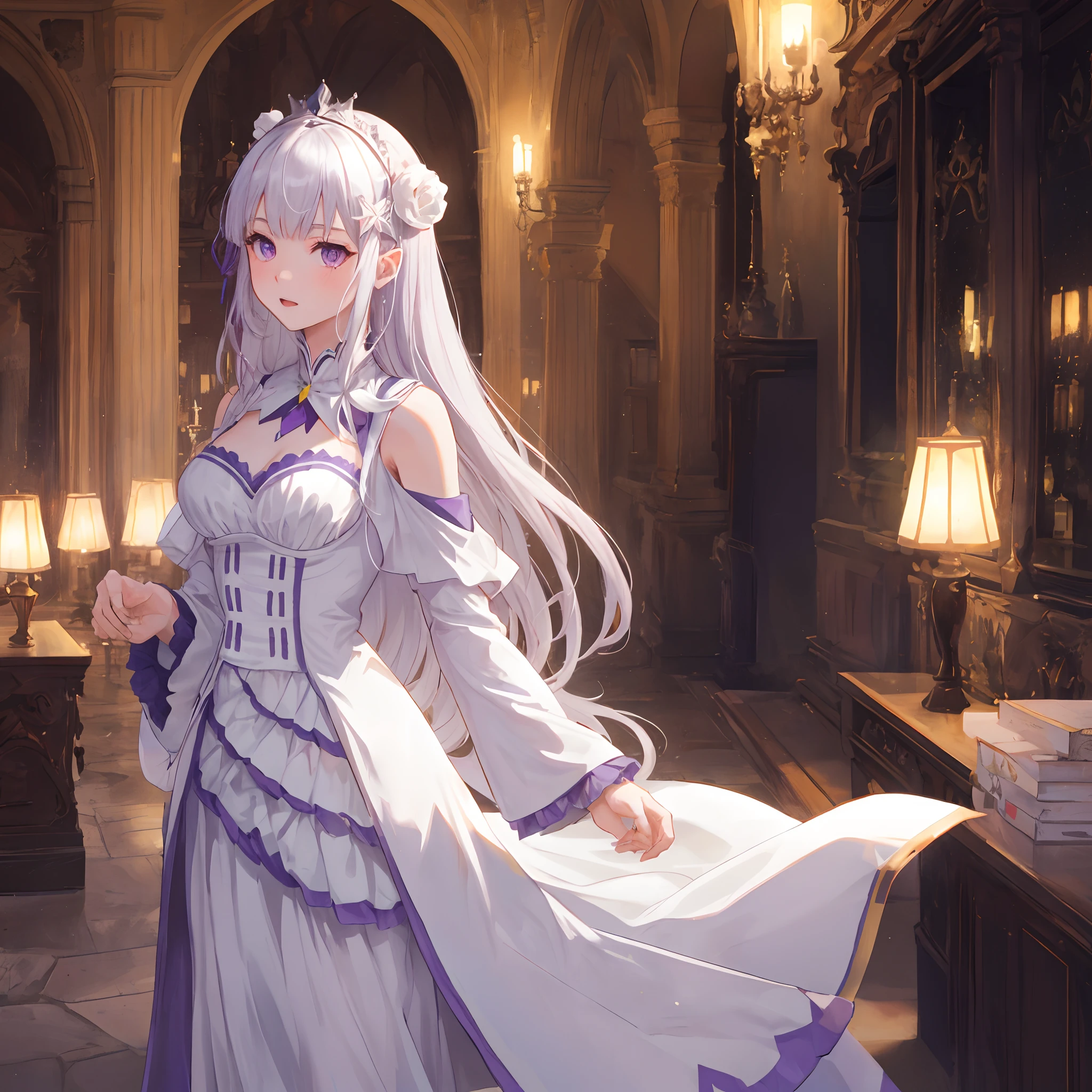 Emilia as a full adult, big cute purple eyes, long white hair, 1 woman, wearing formal white princess dress