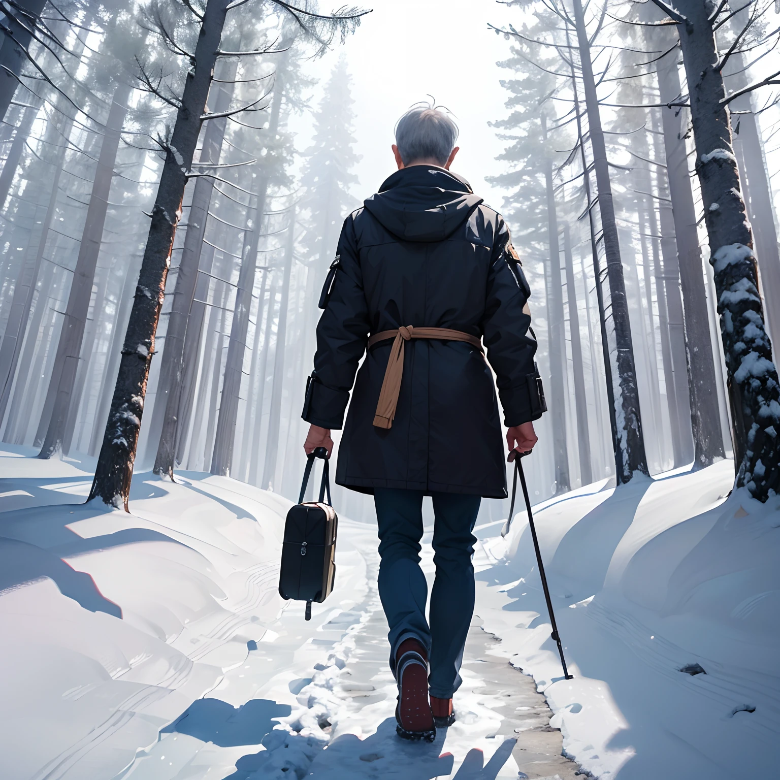 {{{{{masterpiece,Best Quality,ultra-detail}}}}},Distant view,posterior view,1 oldman,traveler,Hoodles and pants,Walking alone through the winter forest.The mountains are white and snowing.