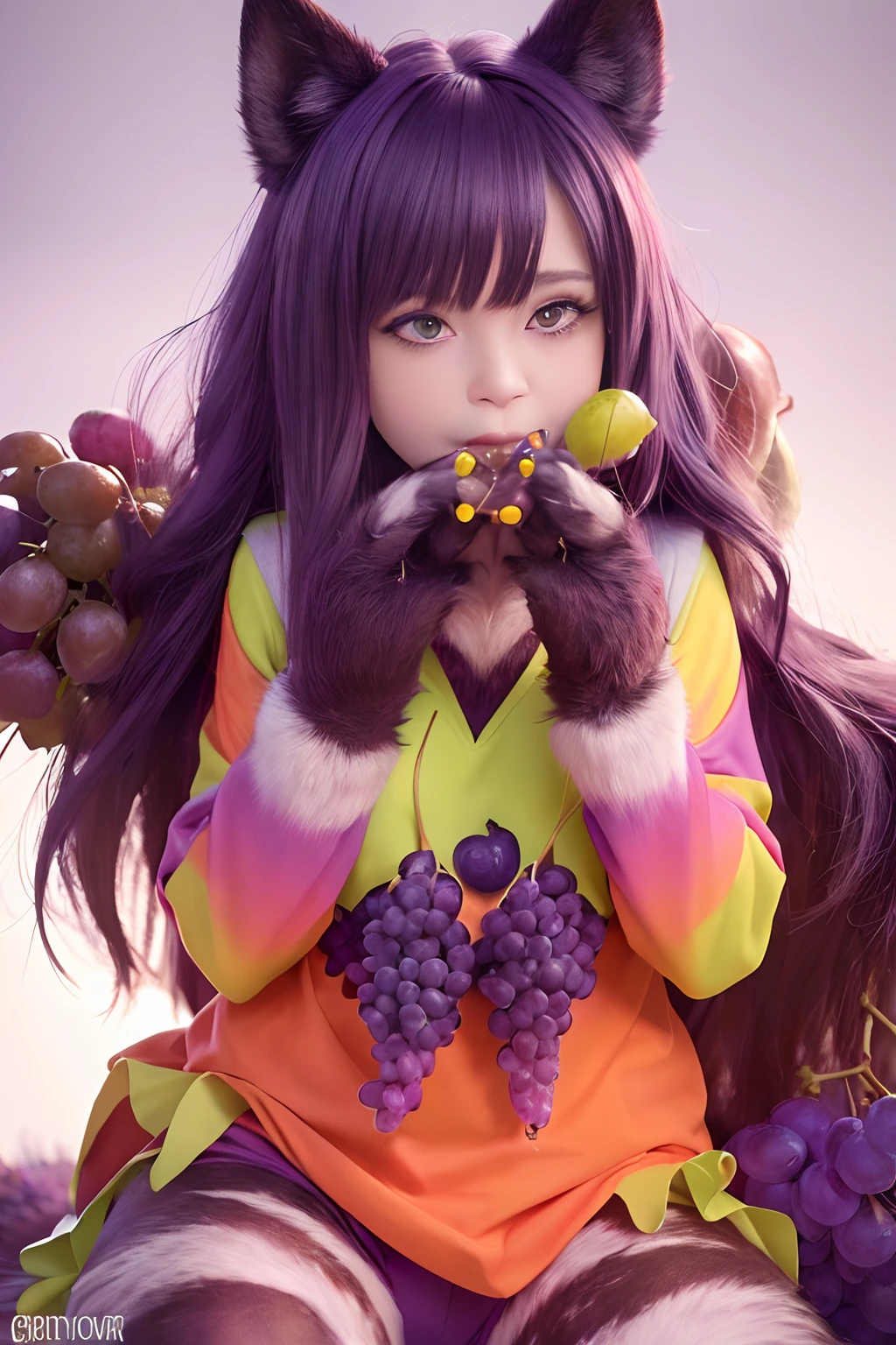 Photo, Photorealism, Photorealistic, full_body shot, female werewolf, wolf's ears, (Wearing colorful clothes that hide body:1.5), (Eating grape with its hands:1.5),  Daylight lighting, cinematic pose