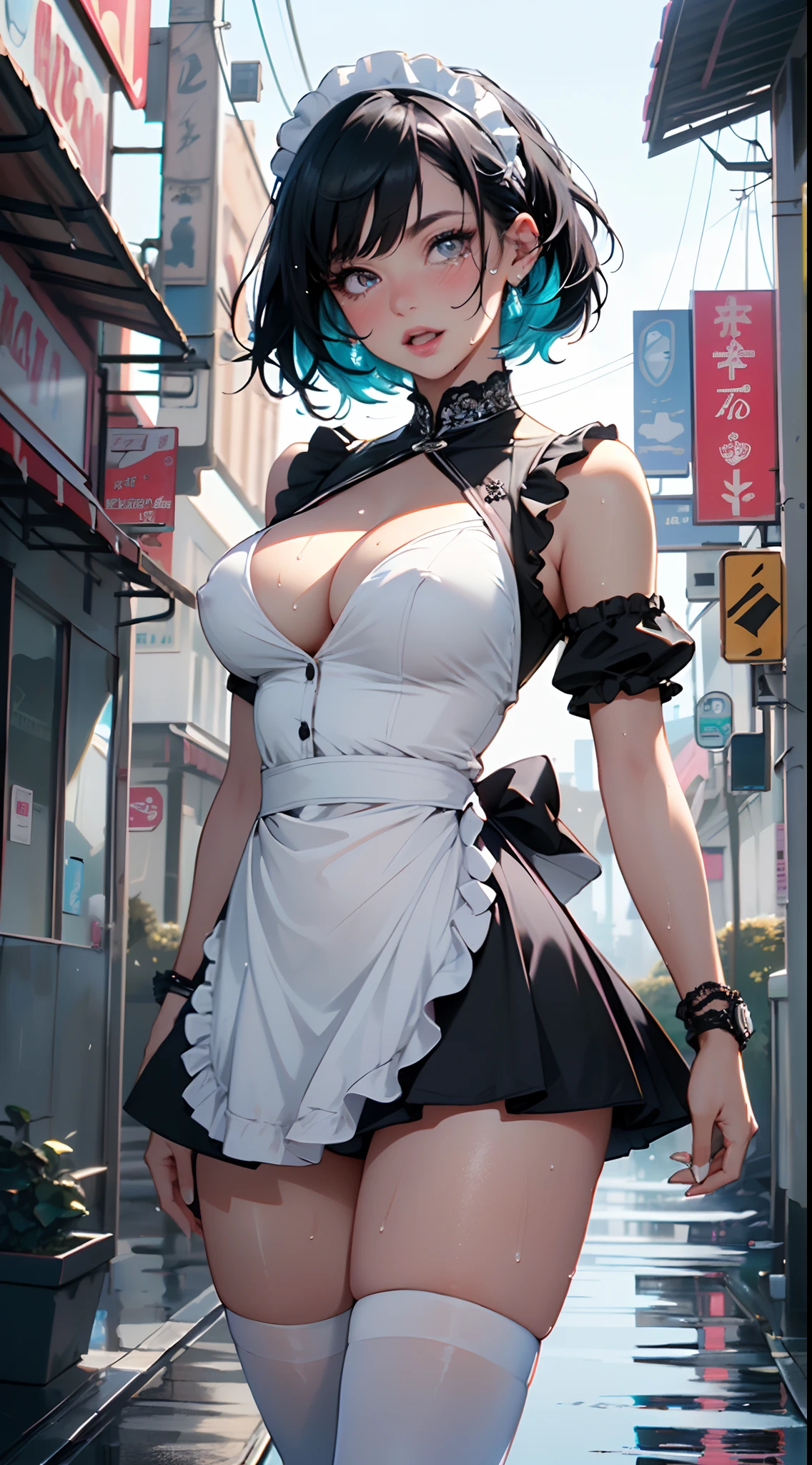 maid girl,(((1girl))),((maid girl with extremely cute and beautiful black hair)),

(large breasts:1.4),bountiful breasts,fluffy breasts,H cup bust,bust up,bulging bust top,(((black bob hair:1.35,colored inner hair,short hair,ear breathing))),((heterochromia:1.5, (purple_eye and blue_eye))),big eyes:1.3,((fat)),(((lustrous skin:1.5,bright skin: 1.5,skin tanned,shiny skin,very shiny skin,shiny body,plastic glitter skin,exaggerated shiny skin,illuminated skin,wet legs))),(spider lower abdomen,narrow waist,wide hip,athletic body,inflated legs,detailed body,(detailed face)),

cute,slutty,seductive,erotic,((nsfw)),

zettai ryouiki,(maid headdress),maid uniform,Headdress,(maid),sleeveless,mini skirt,boots,cleavage cutout,bare legs,clothes with a lot of lace frills,((wet clothes,intricate outfit,intricate clothes)),

(dynamic pose:1.0),solo focus,embarrassed,blush,sweat,((tears,open mouth)),moist eyes,(centered,scale to fit dimensions,Rule of thirds),

cyberpunk city by the ocean at night, with bright neon signs and dark stormy clouds and puddles, scenery:1.25,

artistic photography,(photography taken by sldr),highres, sharp focus, (ultra detailed, extremely detailed), (photorealistic artwork:1.37),(extremely detailed CG unity 8k wallpaper),((synthwave background theme)),(((vibrant colors))),(intricate background),(masterpiece),(best quality),