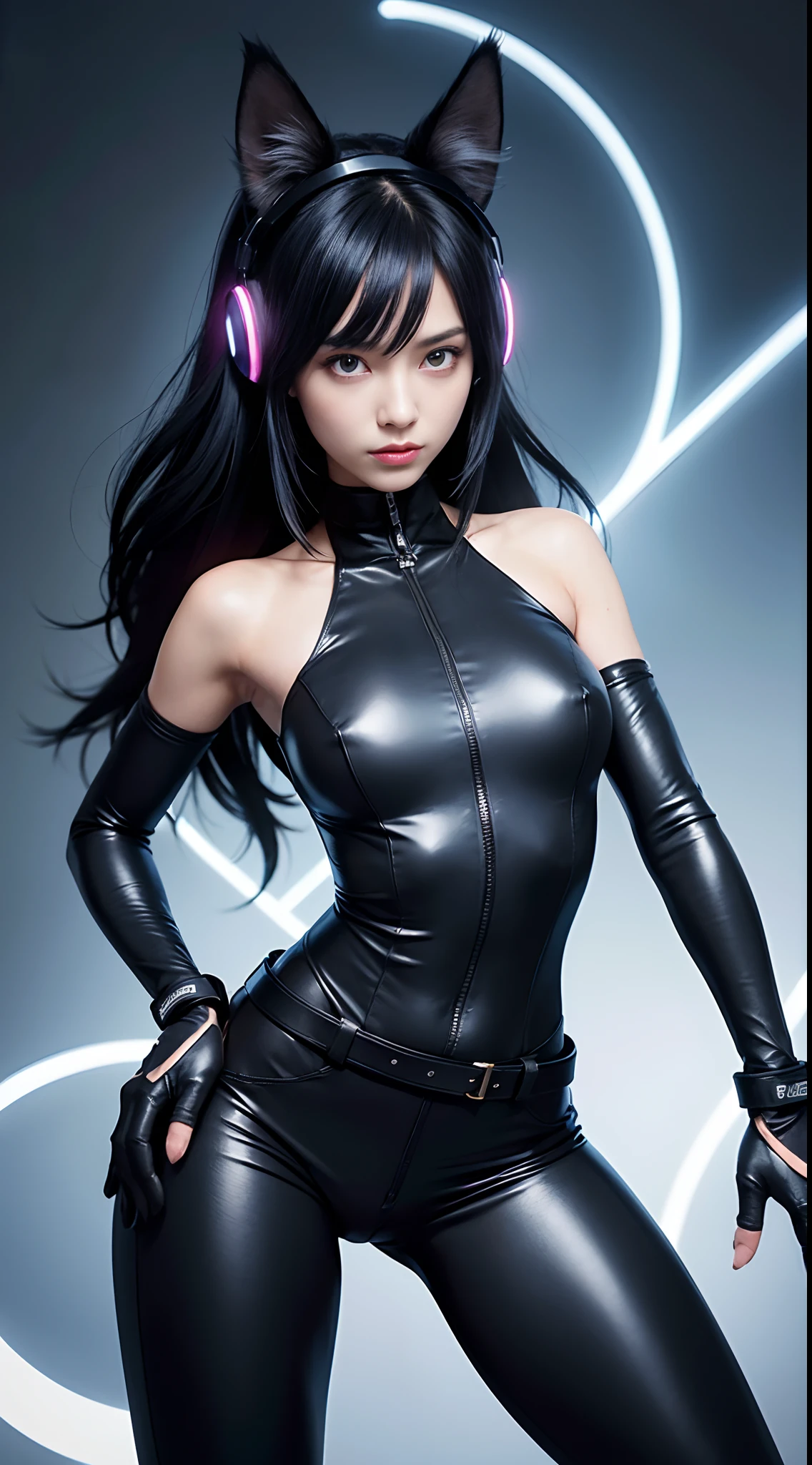 (Best Quality,4K,High resolution), 18yo woman, femele,Feminization of black cats,Cat's ears,Cat Ear Headphones,black longhair,Blue mesh hair,Big eyes,sharp eye,Cold eyes,glares,Big claws,Nail Gloves,Stance,dishevled hair,calm character,Cool Woman,Black and blue,Sleeveless,Tight leather suit,highleg,cross belt,Navel out,Skin revealing,knee sox,garterbelts,Cat tail,Delicately drawn illustrations,Vivid color scheme,colourfull,Delicately expressed body,Delicately realistically reproduced facial expressions,futuristic background,Facial expression camera up