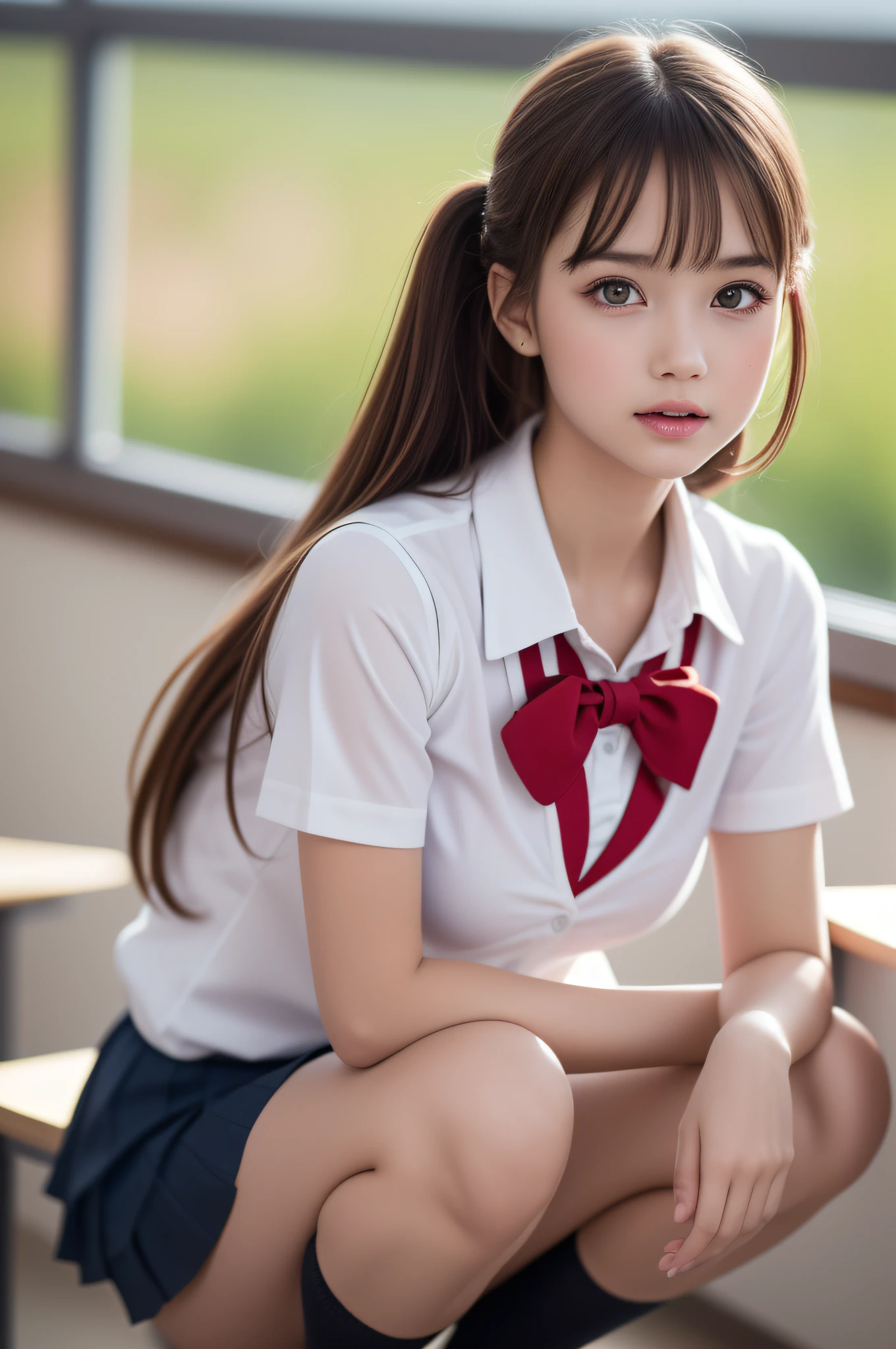 (1ung girl), (highly detailed Beautiful face), Amazing face and eyes, (Best Quality:1.4), (Ultra-detailed), (extremely detailed CG unified 8k wallpaper), Highly detailed, High-definition raw color photos, Professional Photography, Realistic portrait, Amazing face and eyes, Pink eyes, (hi-school uniform, pleated mini skirt:1.3), (High school uniform with wide open breasts:1.4), twintails, brown hair, model,  (((Bokeh))), depth of fields, School, classroom, (squatting:1.2), (sheer lace panties:1.2), view from below