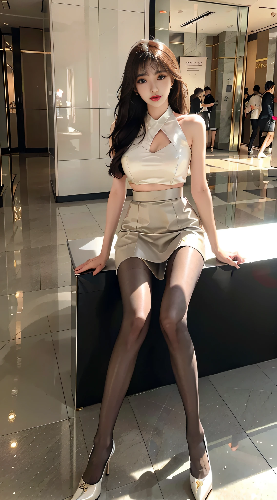 A ball head，Heavy makeup，Stiletto pointed toe heels，Transparent colorless flesh silk pantyhose，ear studs，Long legs，8K，in the mall，In the daytime，By bangs，Floral skirt