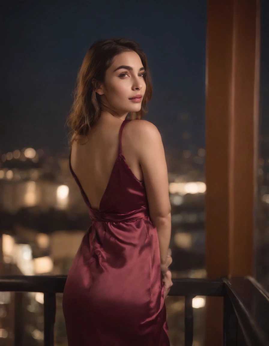 Girl, sleep wear night silk dress, city night, wine, 20th floor apartment balcony, calm moment.