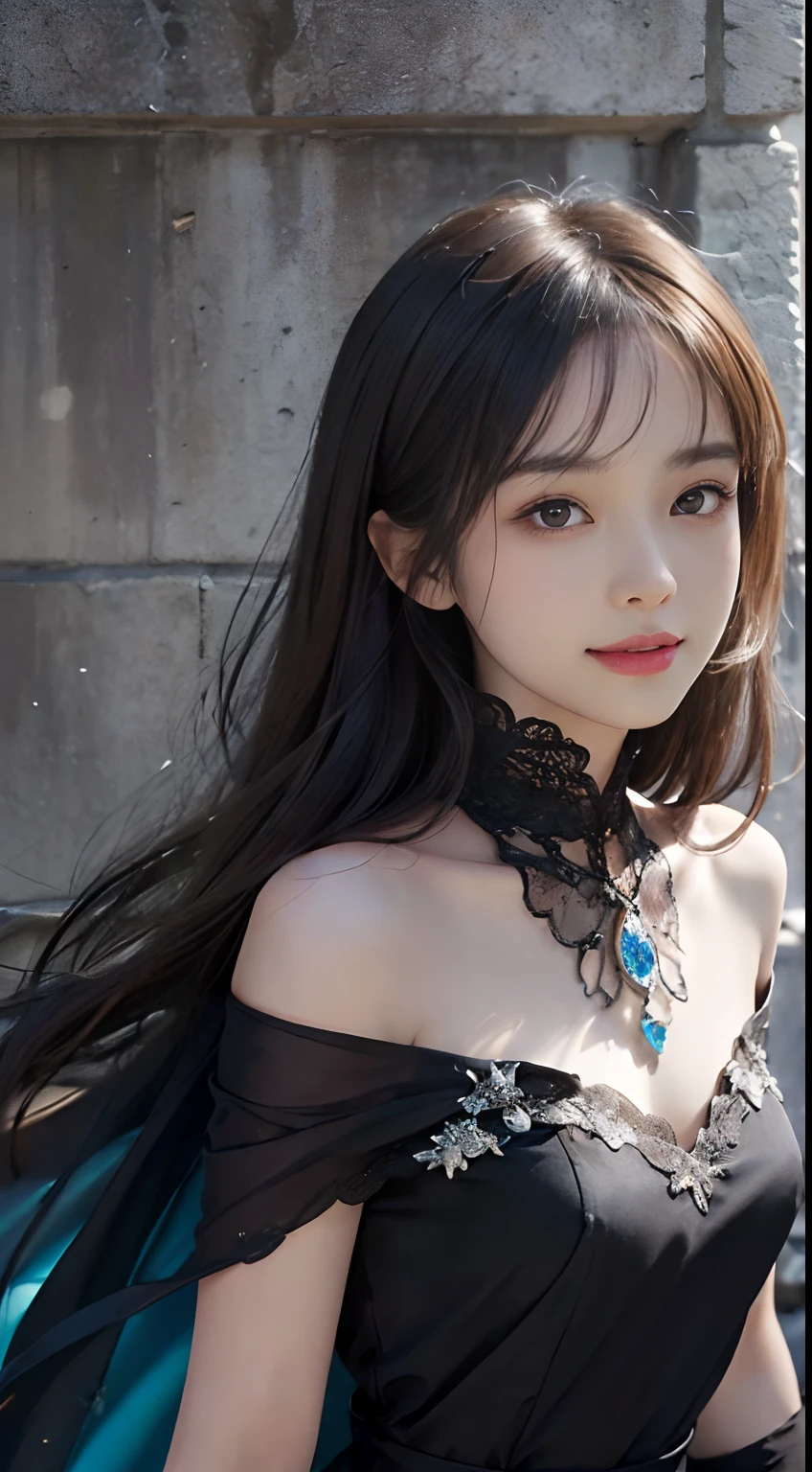 (ultra-realistic realism)、(illustratio)、(A high resolution)、(8K)、(The is very detailed)、(Best Illustration)、(Beautifully detailed eyes)、(top-quality)、(ultra - detailed)、(tmasterpiece)、(the wallpaper)、(A detailed face)、独奏、1 girl in、looking at viewert、finedetail、A detailed face、in the darkness nigth、deep shading、low tune、pureerosfaceace_V1、A smile、Long、Black shawl straight hair、46-point diagonal bangs, (Silk dress、long skirt)(cropped shoulders)The view of the castle、、Stand against the wall
