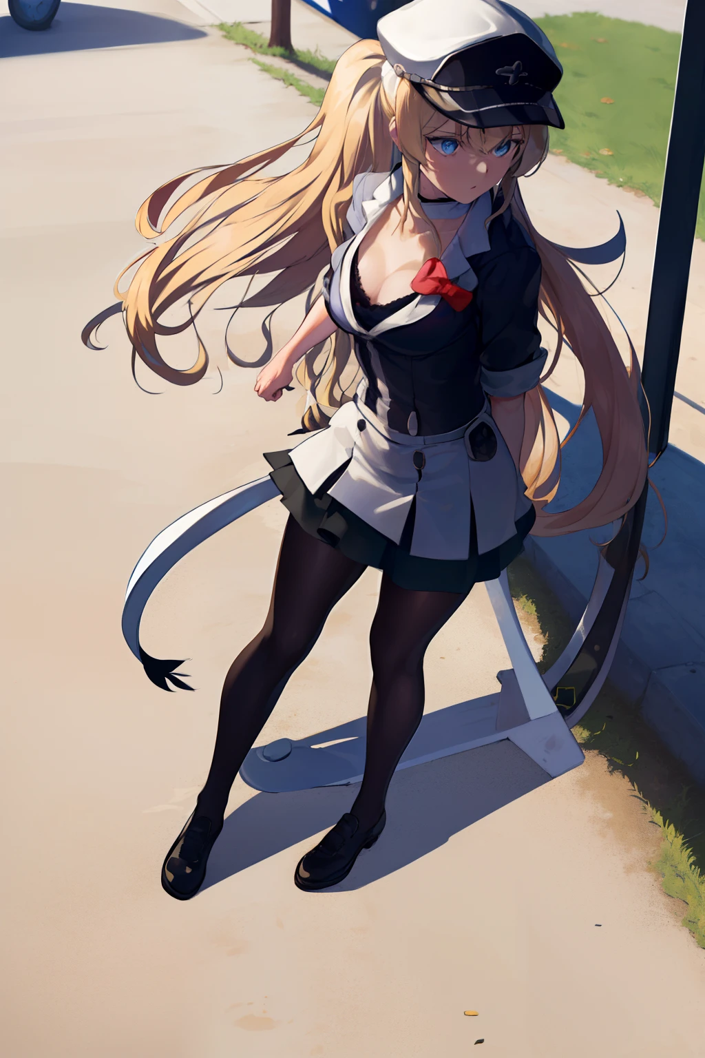(masterpiece), (best quality),highres, ultra detailed, esdeath, long hair ,blonde hair, blue eyes, peaked cap, detailed background, coffee shop,high-waist skirt, black pantyhose, (black sweater), full body