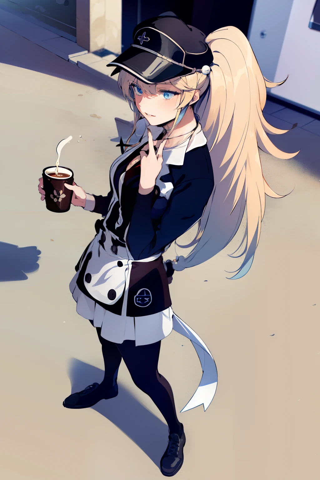 (masterpiece), (best quality),highres, ultra detailed, esdeath, long hair ,blonde hair, blue eyes, peaked cap, detailed background, coffee shop,high-waist skirt, black pantyhose, (black sweater), full body