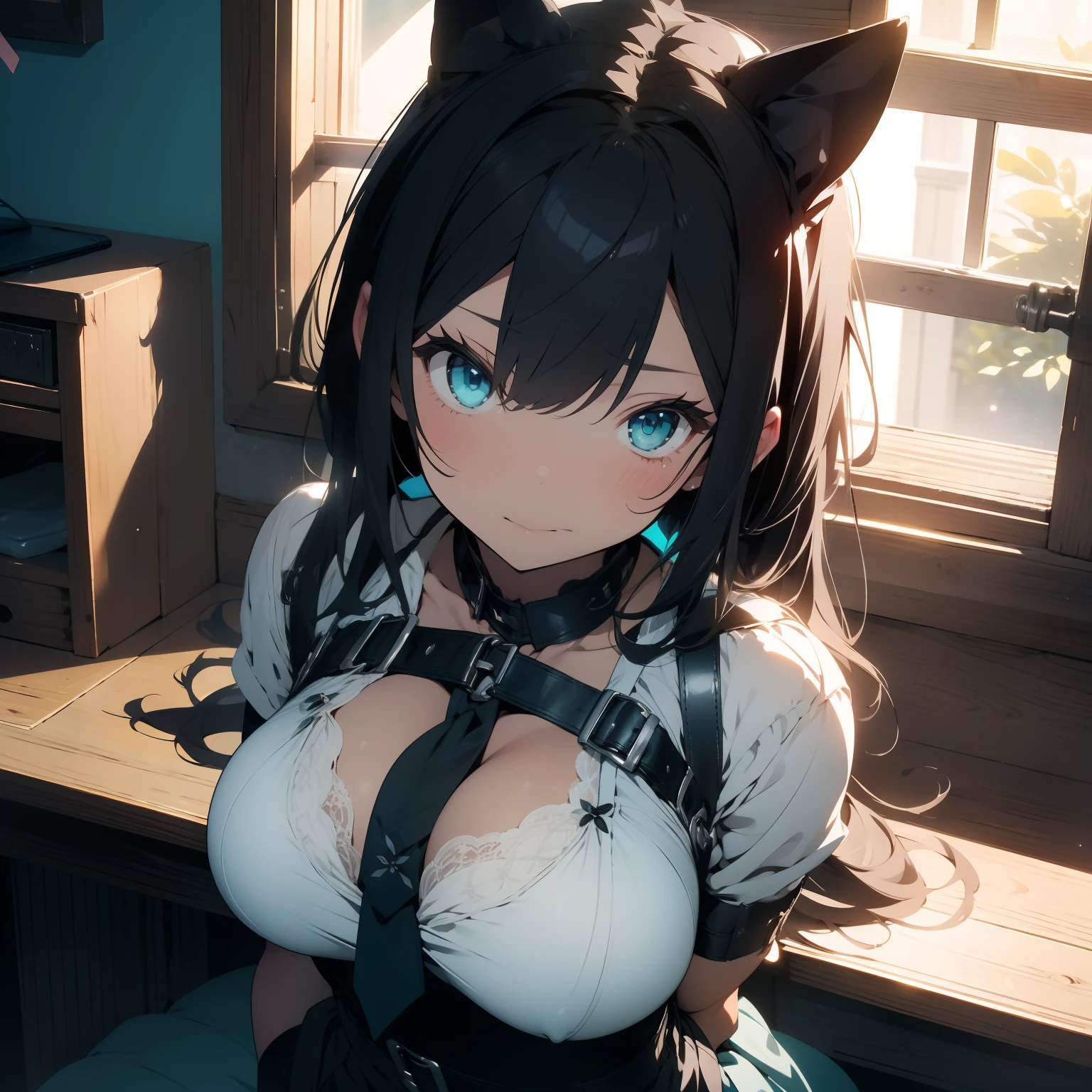 (masterpiece),best quality, expressive eyes, perfect face, 1girl, she has cat-ears
big breast, H-cup, good breast, beautiful, gorgeous ,large breast, sitting on a window sill with cuffs, wrapped in leather straps, leather cuffs around wrists, restrained, harnesses and garters, handcuffed, handcuffs, dominant pose, sexy dominant pose, hands above her head, wrists chained to the ceiling, blushing, medium shot, indoors, magician office, cleavage, white sleeves, Turquoise bow, black school skirt, bow, feminine, blushing
lynette "Genshin_Impact"