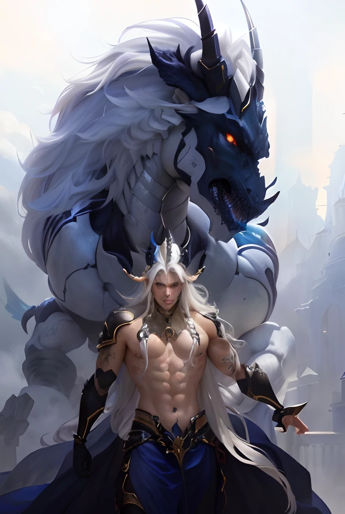 uma pintura de um homem com uma espada ao lado de um grande monstro, Human fusion and silver dragon, Fit male demon with white horns, arte conceitual de deus, Centauro macho Centauro quimera, por Yang J, Mito grego pintura digital, Directed by: Li Zai, Ross Tran e Bayard Wu, Hidari e Vlop