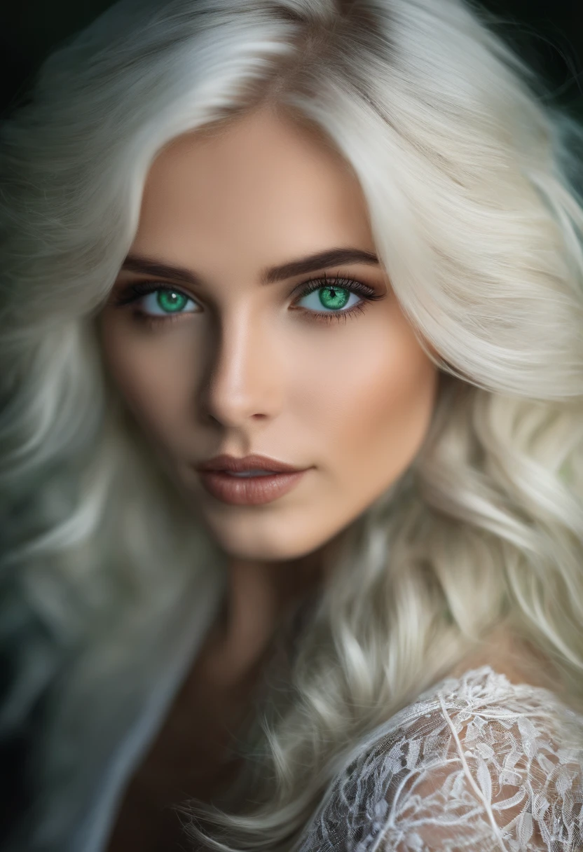 Beautiful blonde girl with white hair emerald eyes