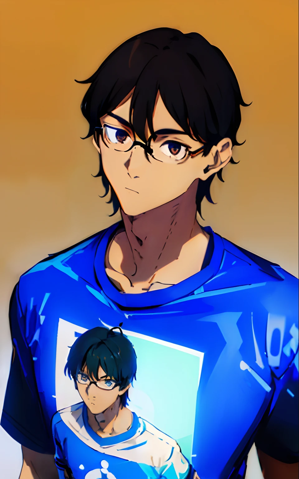 (((tmasterpiece))), beste-Qualit,1guy, brown eyes, ((blue T-shirt), black hair, ringed eyes,eyeglasses, Simple background,gaze at the viewer, 独奏, upper-body