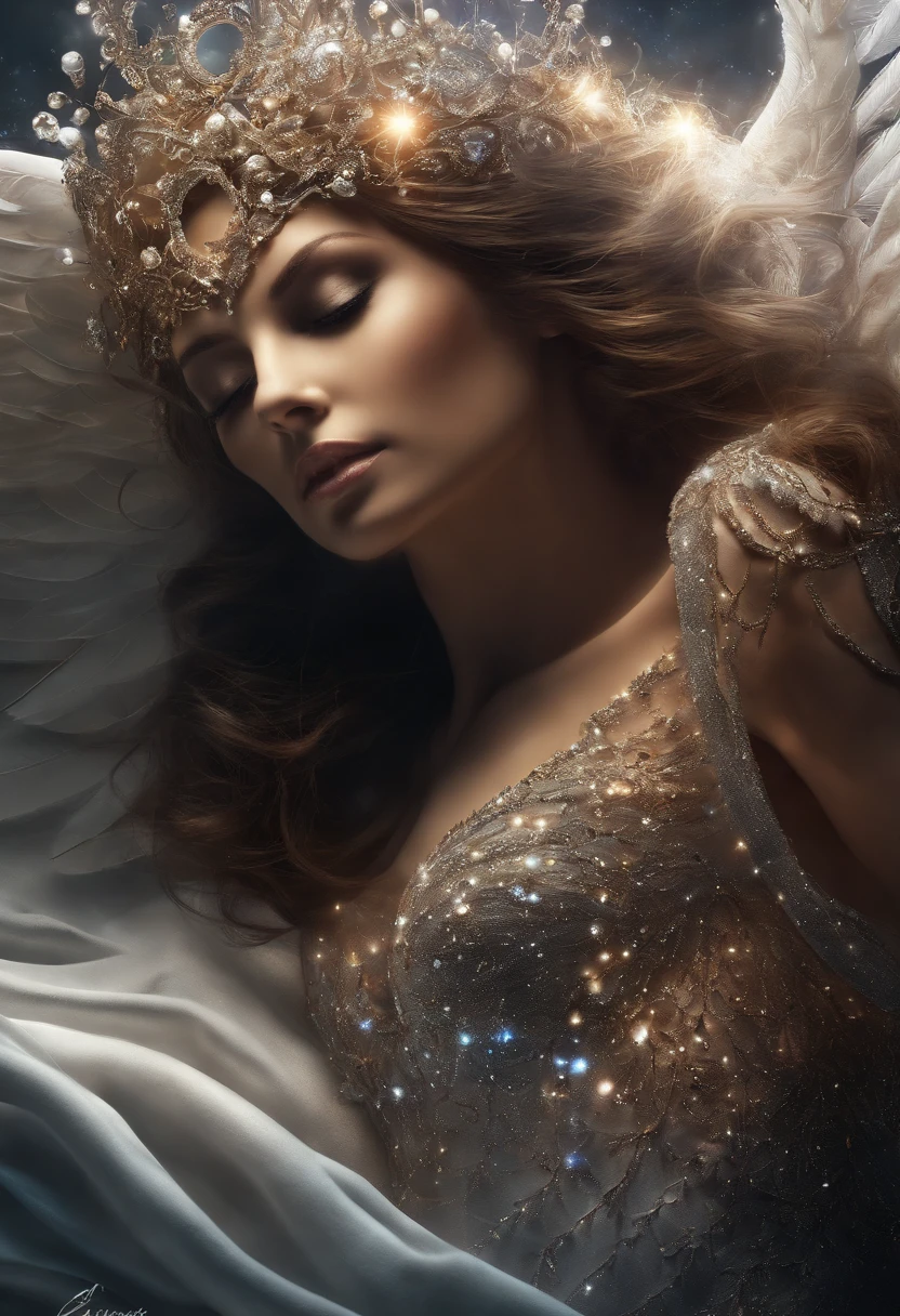 cosmic fallen angel, olhos claros brilhantes, Biomechanicals, estranho, assustador, Pesadelo, cores muito brilhantes, light particles, com luz brilhante, Mshiff, Arte do papel de parede, Papel de parede UHD