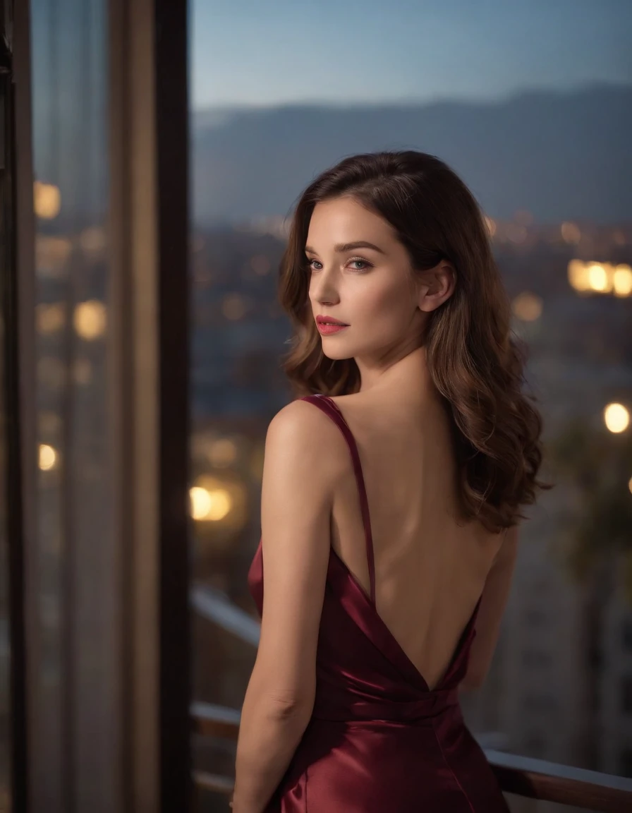 Girl, silk gown, city night, wine, 20th floor apartment balcony, calm moment.