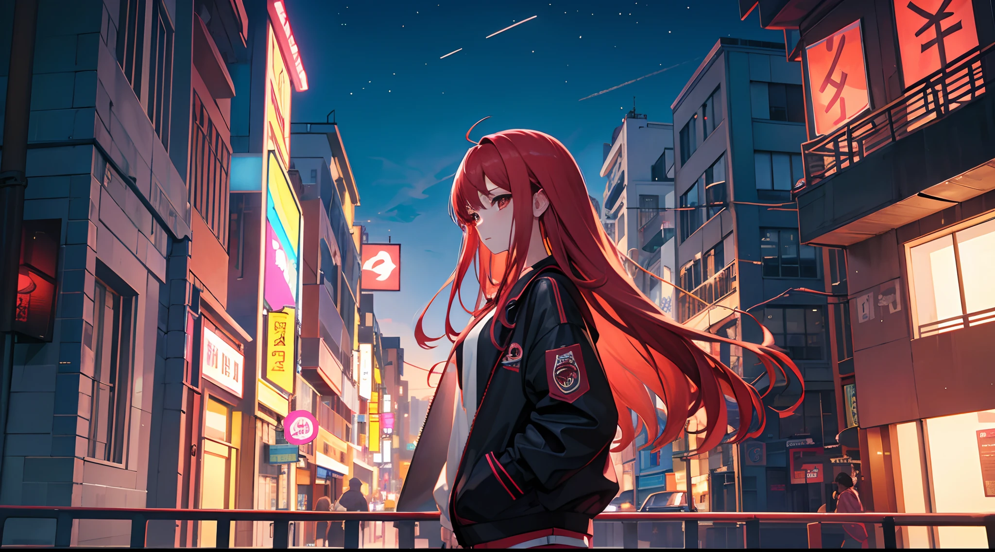 a red-haired woman in front of a building, night core, Bralette, Pokimane, inspirado em anime, quase mostrando os peito, menina em uma loja de discos, Yanjun Chengt, 19-year-old girl, Heonhwa Choe, Inspirado em Jeonseok Lee, futurista, cores RGB.