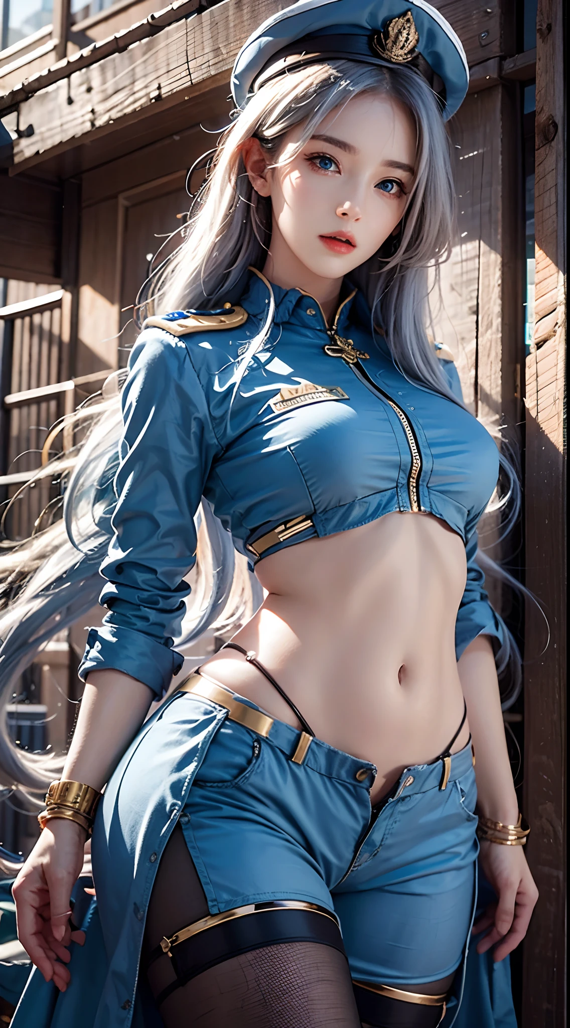 photorealistic, high resolution, soft lights, 1women, solo, hips up, blue eyes, white long hair, military uniform