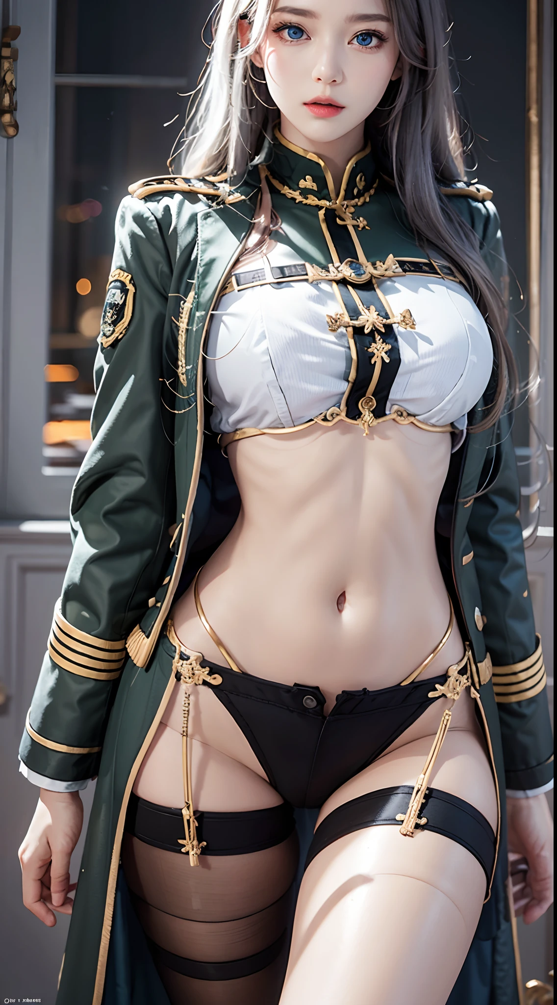 photorealistic, high resolution, soft lights, 1women, solo, hips up, blue eyes, white long hair, military uniform