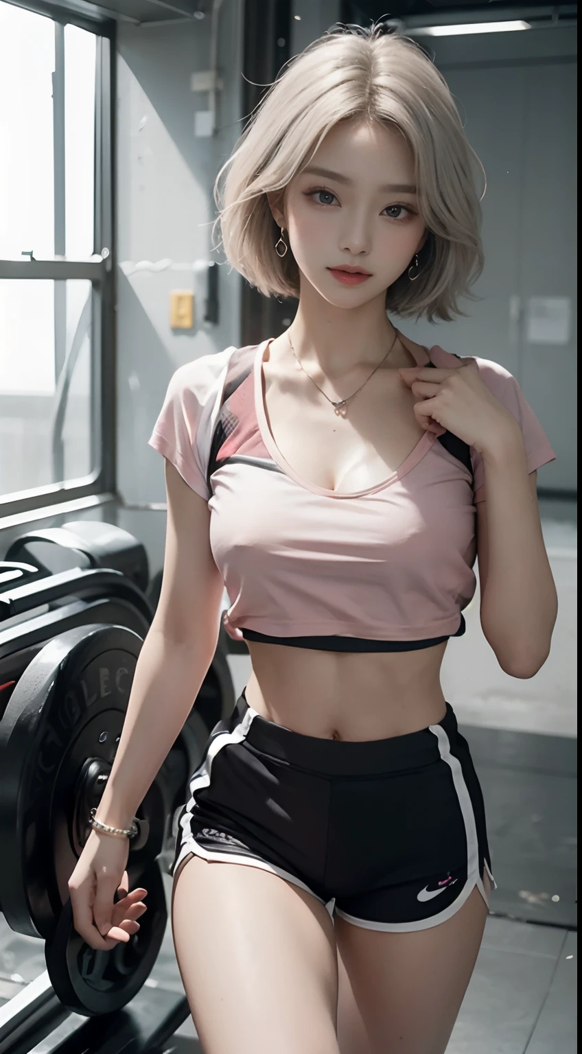 The highest image quality, Raw photo, 超A high resolution, kindly smile, Age: Korean, Big breasts, cleavage, Fair skin, shiny white skin, a short bob, Light silver hair, Properly matched bangs, Cropped T-shirt, sports wear, Running shorts, beautidful eyes, Beautiful eyes with random colors, very thin lips, beautiful eyes with details, elongated eyes, pale pink cheeks, long eyeslashes, Beautiful double eyelids, eyeshadows, Beautiful thin legs, Beautiful belly button, Beautiful abs, Beautiful ribs, earrings, Necklaces, Training room, gym
