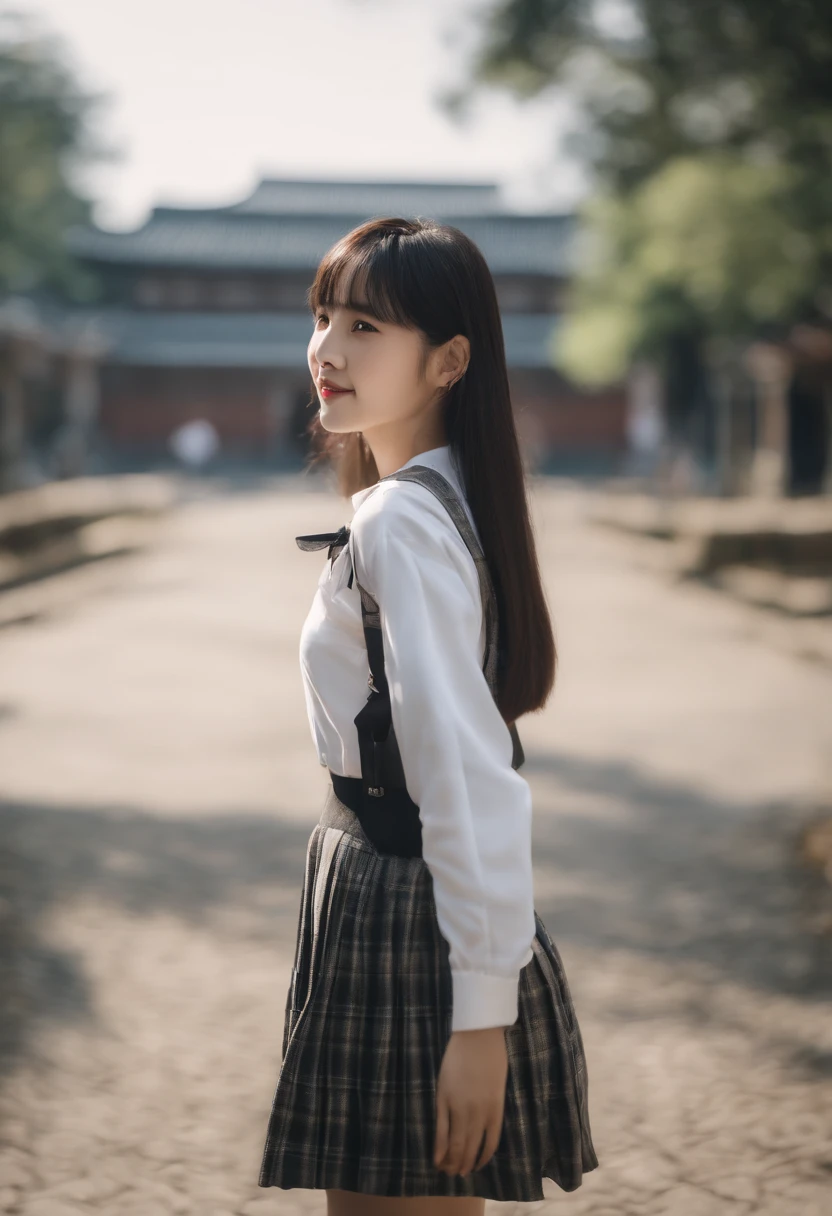 top-quality, Photorealsitic, masterpiece, 8K, Hi-Res, 独奏, 1girl, (((infp young woman))),sixteen years old、full bodyesbian、(small tits), ((Look at viewers)), (look at a camera), ((Various hairstyles close to long))、Perfect straight black hair、With bangs、 (profetional lighting), Highly detailed bright face、Gentle Japan girl、Nice smiling face、White T-shirt(long-sleeve)、Checked pleated skirt、Standing in front of the school gate