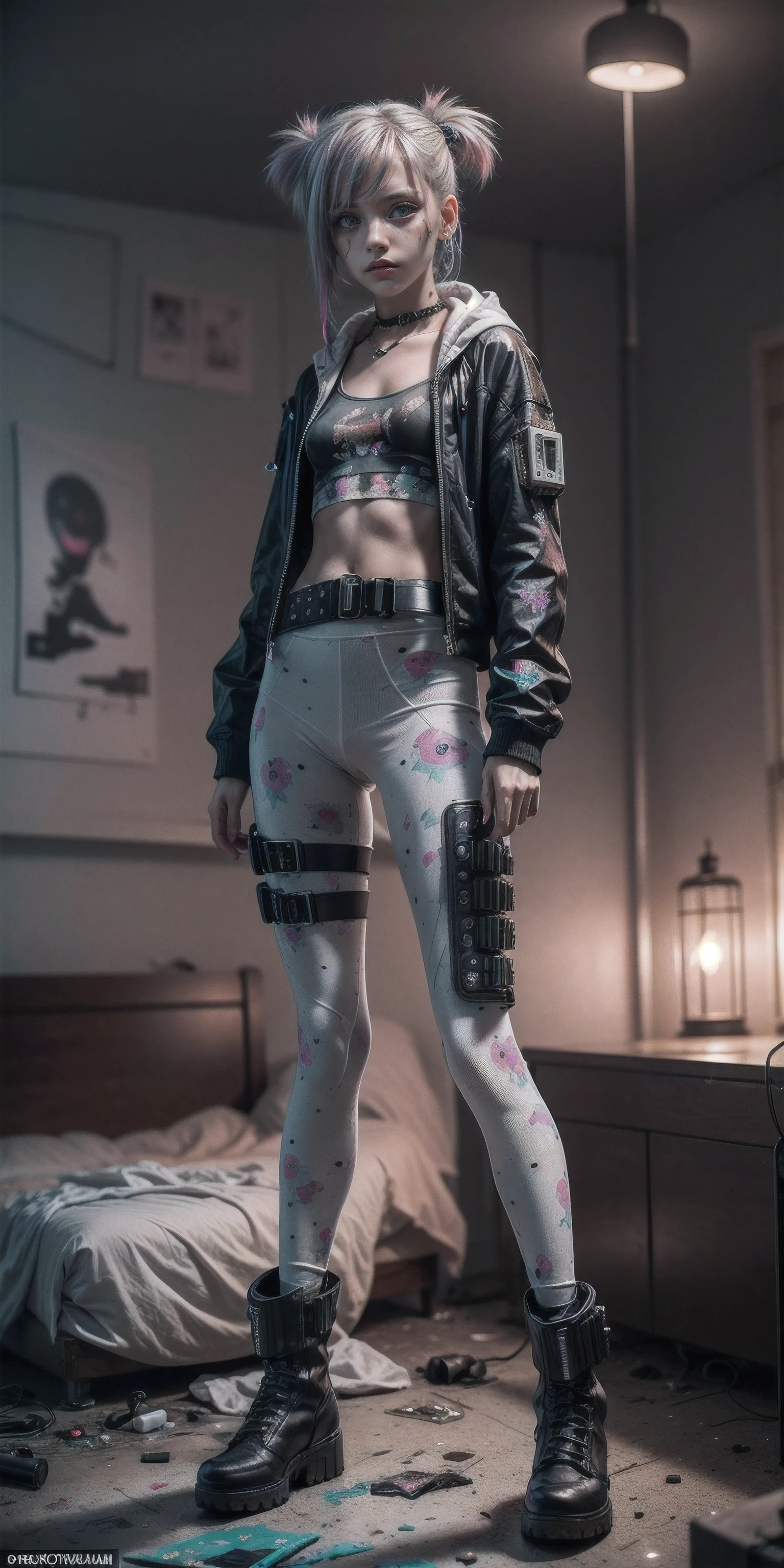 1girl, innocent, alone, ((waiting:1.6)), (caught_from_front:1.5), (full body:1.6), Emma Myers, (innocent_facial_expression:1.4), sweety, cute, kawaii, perfect face, delicate features, ((little breasts, flat_chested, small chest:1.6)), (little nipples, natural nipples), (top model figure, skinny), (perfect little ass, round ass), ((long legs:1.8, slim legs)), pale skin, soft skin, caucasian preteen, slender girl, natural make-up on eyes only, perfecteyes, bright_black_eyes, (innocent looking:1.6), cute face, natural_beauty, (colorful hair, bright pink hair, dreadlocked twintails, long bangs), ((she is wearing preteen print white leggings, pink transparent lace jacket, pink hoodie, techwear high boots, techwear belt, cameltoe)), (full preteen print trendy cyberpunk outfit:1.7), (cute child hair accesories), punk_hair_ornaments, pastel_goth, punk, fantasy_princess, necklace, choker, long earring, cute 18 years old girl, skinny, beautiful young girl, (bokeh, depth of field, blurry background, light particles, fog), ((preteen girl's messy cyberpunk bedroom background:1.6)), ((real life, realistic, profesional photography, photo_realistic, hyper_realism, ultra-detailed)), photography by Tim Walker, Tim Walker masterpiece, best_quality, 8K, cute theme, soft tones, pastel tones, (saturation:0.2), (contrast:0.3), muted colors, cold light, neon, Ex_Machina_, studio light, MetalAI