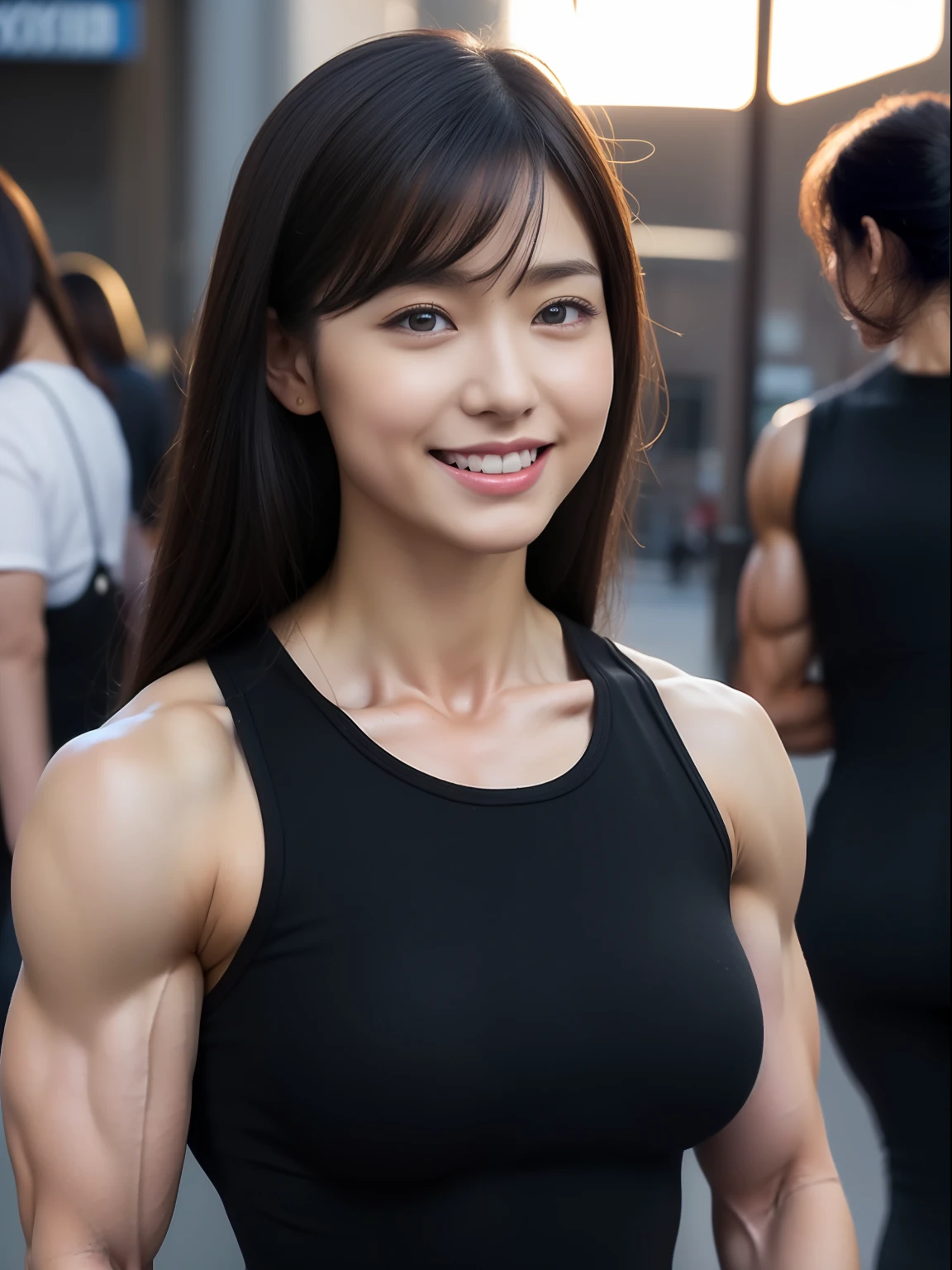 Woman walking downtown at night、cowboy  shot、People with Japan、((Muscular woman like male bodybuilder:1.8))、Thick arms with sculpted muscles:1.3、Sculpted muscular thick thighs:1.3、beautifull asian girl ever、oppai、full body Esbian、clong legs、soaked、ulzzang -6500-v1.1, (Raw photo:1.2), (Photorealsitic), a beautiful detailed girl, extremely detailed eye and face, beatiful detailed eyes, huge filesize, hight resolution, ighly detailed, top-quality, [​masterpiece:1.6], illustratio, ighly detailed, nffsw, finely detail, top-quality, 8k wallpaper, Cinematographic lighting, 1girl in, 17 age, perfect body type, Big breasts with tension、Colossal tits、heavy breasts、Cute drooping eyes、Beautiful big eyes、((Lori face:1.2))、Sweaty and wet、(Friendly smile:1.2)、Light in the eyes、(One-length、Long Straight)、hi-school girl、(Japan Black Body Con Dress、black bodycon dress、Black Japan Bodycon Dress:1.3)、Busy streets of big city late at night、dynamicposes(Photoreal: 1.4), (Hyper-realistic: 1.4), (Realistic: 1.3), (Smooth lighting: 1.05), (Improved cinematic lighting: 0.9), 32K,  Realistic lighting, Backlight, Face Light, raytrace, (Whitening light: 1.2), (Image enhancement: 1.4), ( Top quality real skins: 1.4), (Body Line Mood Increase: 1.1), (Skin Texture Enhancement Beauty: 1.1),