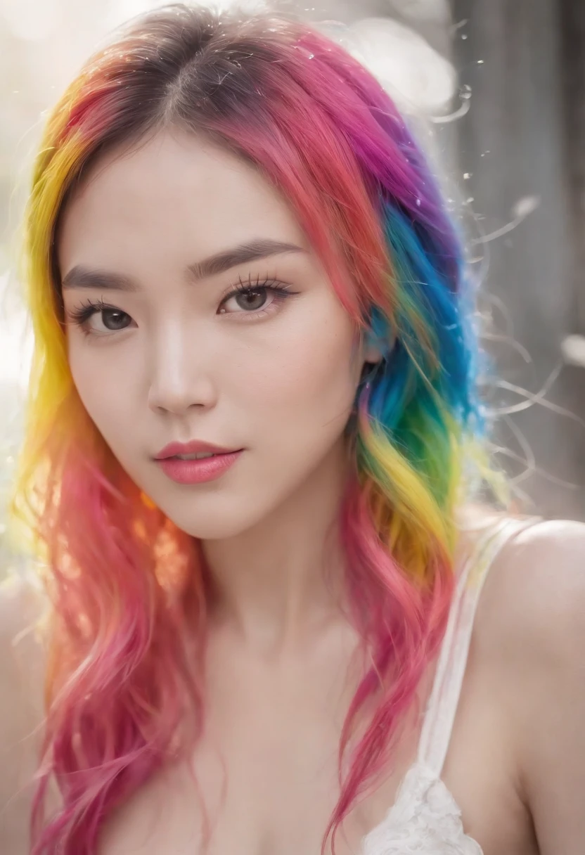 (Masterpiece, Best Quality, High Resolution), White Background, ((Paint Splash, Color Splash, Splash of Ink, Color Splash)), Sweet Chinese Girl, Rainbow Hair, Pink Lips, Front, Upper Body