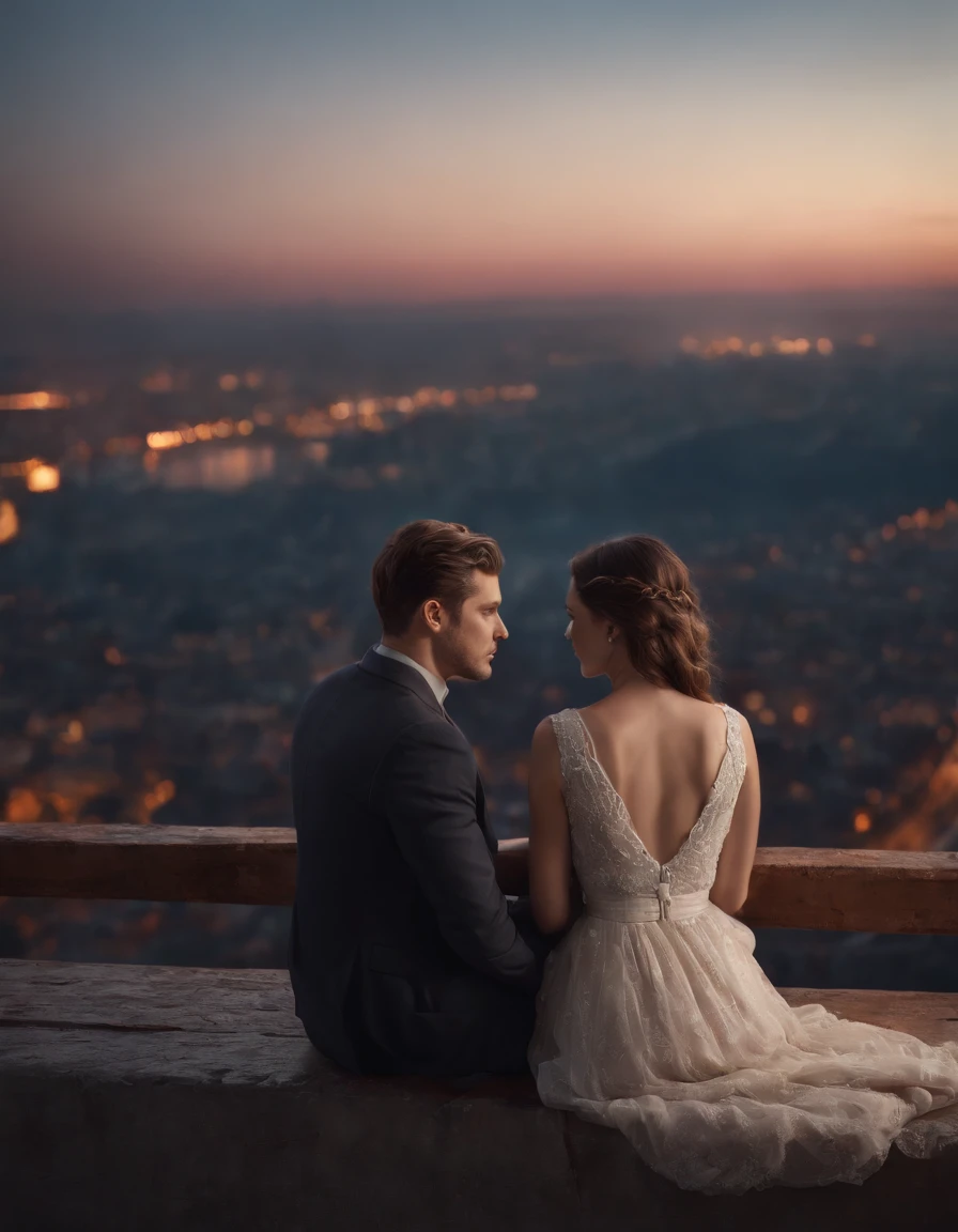 "A young woman and a young man sitting on a bridge, observing the breathtaking view of a burning city from above. The scene is rendered with highly realistic night vision, with thunder and lightning effects creating an immersive atmosphere. The image is of top-notch quality, boasting stunning 8K UHD graphics."