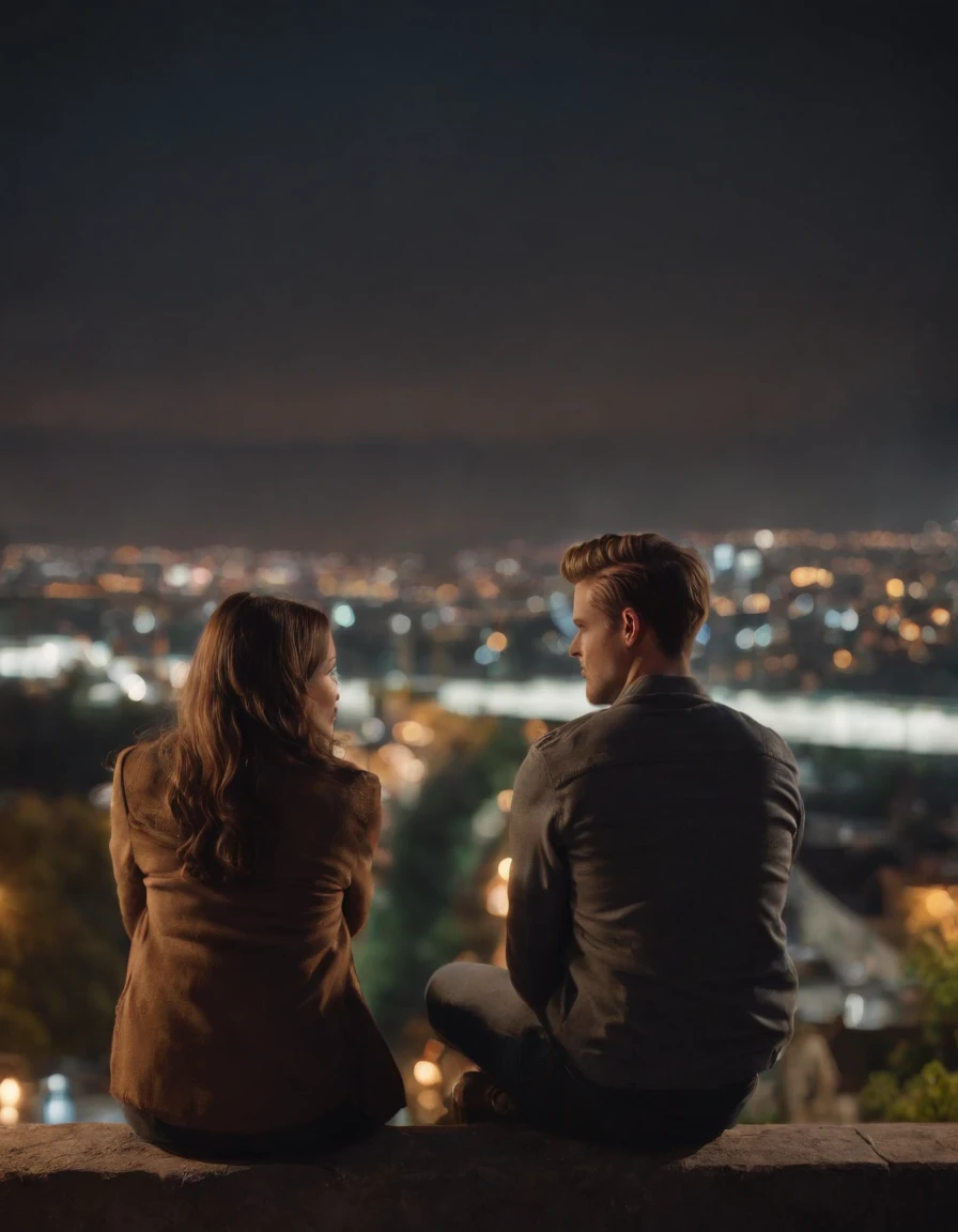 "A young woman and a young man sitting on a bridge, observing the breathtaking view of a burning city from above. The scene is rendered with highly realistic night vision, with thunder and lightning effects creating an immersive atmosphere. The image is of top-notch quality, boasting stunning 8K UHD graphics."